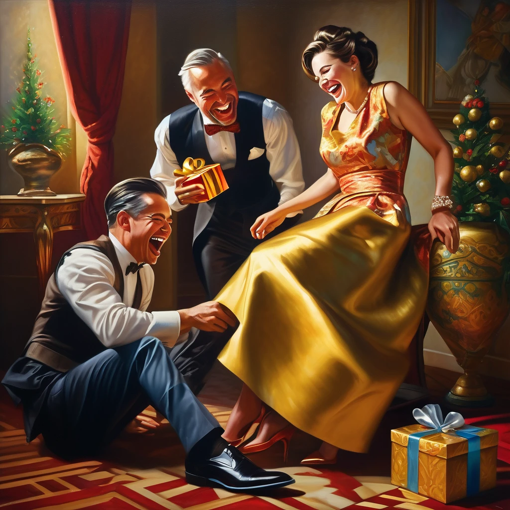a beautiful woman laughing, dressed in elegant clothing, grinding a gift under her heel as a crestfallen man watches, exquisite detailed portrait, highly realistic, cinematic lighting, stunning colors, dramatic composition, oil painting, masterpiece