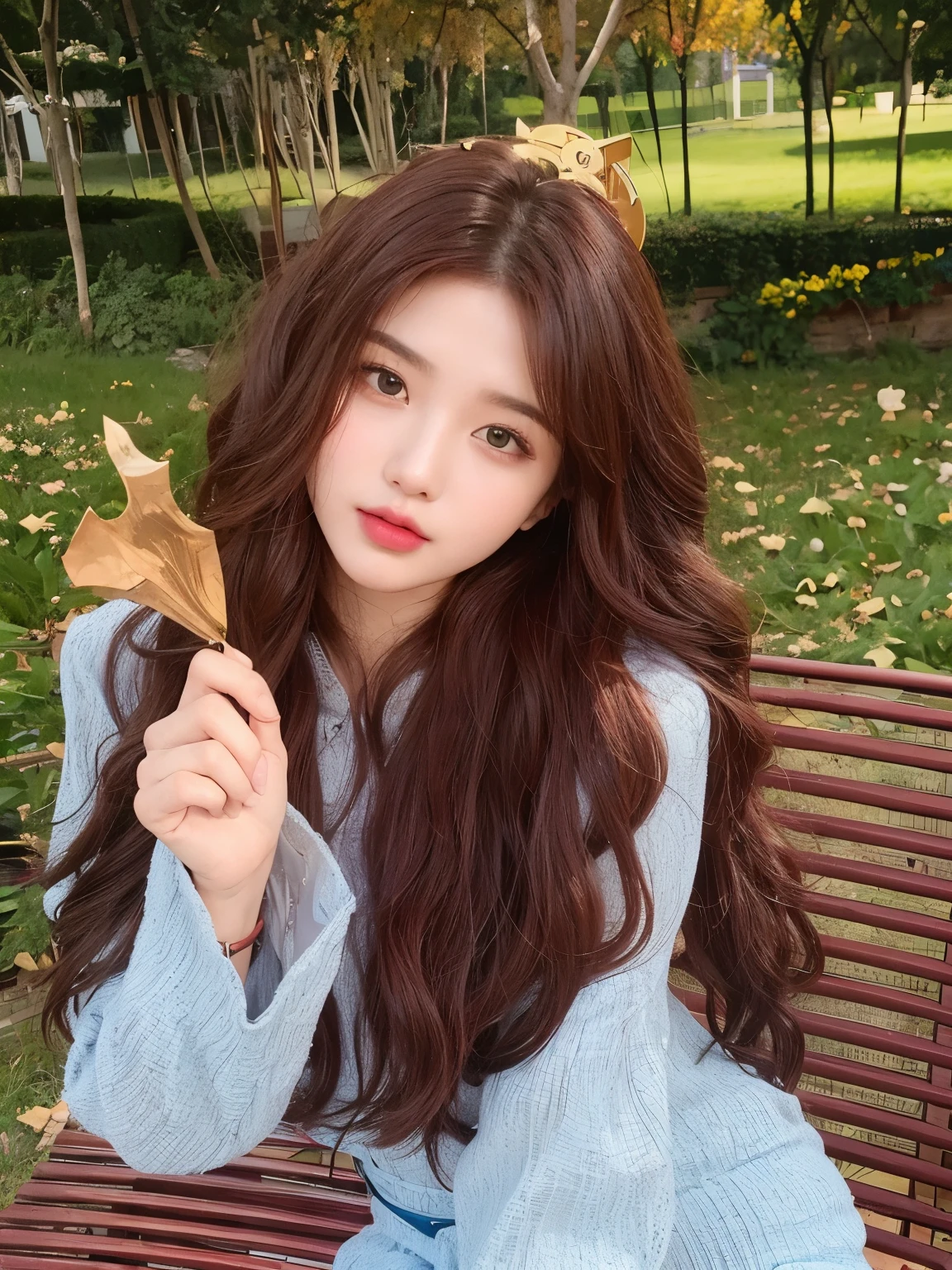 masterpiece, best quality, Girl wearing blue Chanel，Facing the camera，Long hair，Bangs，Red curly hair，Long curly hair，Flowing hair，20 years old，Sweet cool girl，a girl，Exquisite facial features，