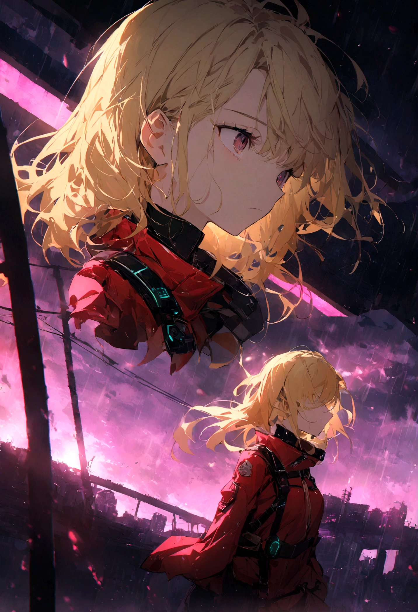 highest quality、masterpiece、that'It's raining heavily、Under the bridge、night、The wind is blowing、Blonde Hair Girl、Red clothes、Military style、cyber punk、Perfect Face
