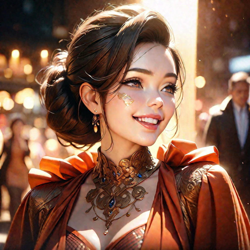 an extremely beautiful woman, highly detailed face and eyes, long lashes, elegant hairstyle, beautiful detailed lips, smiling and laughing, wonderful expression, detailed facial features, dressed in a gorgeous, fashionable outfit, high quality fabric, stylish accessories, man in the background looking dejected, gift box crushed under her heel, dramatic lighting, warm color tones, cinematic composition, intricate details, photorealistic, 8k, best quality, masterpiece