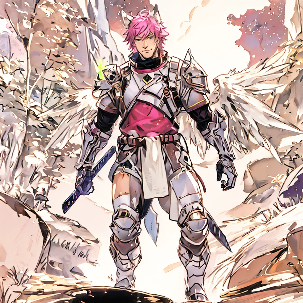 warrior with long wings, old men with wolf ears, (ultra-detailed), (perfect lighting), (dynamic angle), floating while landing, futuristic retro armor, long sword, fire pink neon glowing outline, starry sky, colorful clouds, man wearing a full-face helmet, a fantasy-style biotech armored combat suit, green eyes, (a composite layered chest armor), fully enclosed shoulder guards, matching arm and leg guards, the belt is adorned with Falcon Wing, (the color scheme is primarily pink with black and purple accents), the design balances heavy with agility, a high-tech bio-mecha armor, futuristic sci-fi, this character embodies a finely crafted fantasy-surreal style armored hero in anime style, exquisite and mature manga art style, (battle damage, element, plasma, energy, the armor glows), ((male:1.5)), real texture material, dramatic, high definition, best quality, highres, ultra-detailed, ultra-fine painting, extremely delicate, professional, perfect body proportions, golden ratio, anatomically correct, symmetrical face, extremely detailed eyes and face, high quality eyes, creativity, RAW photo, UHD, 32k, Natural light, cinematic lighting, masterpiece-anatomy-perfect, masterpiece:1.5