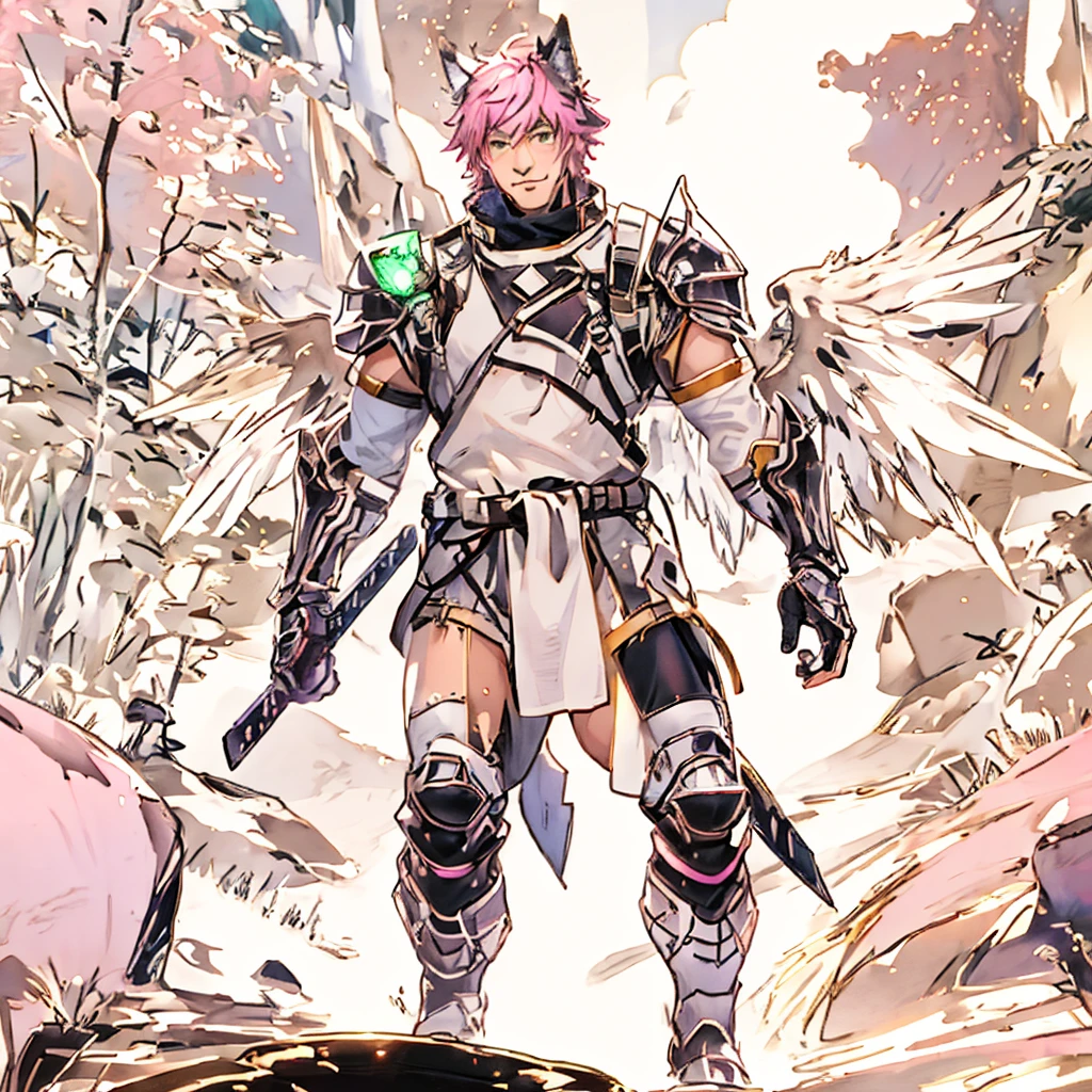 warrior with long wings, old men with wolf ears, (ultra-detailed), (perfect lighting), (dynamic angle), floating while landing, futuristic retro armor, long sword, fire pink neon glowing outline, starry sky, colorful clouds, man wearing a full-face helmet, a fantasy-style biotech armored combat suit, green eyes, (a composite layered chest armor), fully enclosed shoulder guards, matching arm and leg guards, the belt is adorned with Falcon Wing, (the color scheme is primarily pink with black and purple accents), the design balances heavy with agility, a high-tech bio-mecha armor, futuristic sci-fi, this character embodies a finely crafted fantasy-surreal style armored hero in anime style, exquisite and mature manga art style, (battle damage, element, plasma, energy, the armor glows), ((male:1.5)), real texture material, dramatic, high definition, best quality, highres, ultra-detailed, ultra-fine painting, extremely delicate, professional, perfect body proportions, golden ratio, anatomically correct, symmetrical face, extremely detailed eyes and face, high quality eyes, creativity, RAW photo, UHD, 32k, Natural light, cinematic lighting, masterpiece-anatomy-perfect, masterpiece:1.5