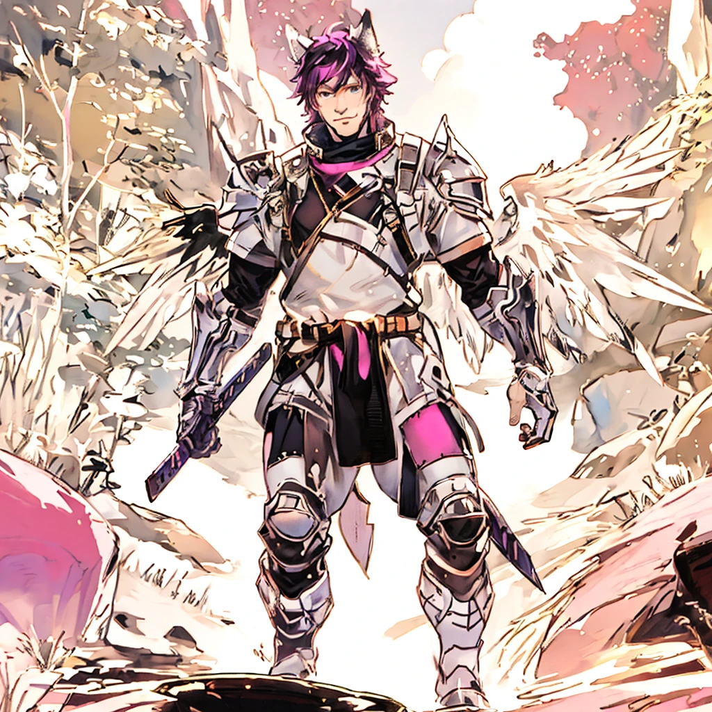 warrior with long wings, old men with wolf ears, (ultra-detailed), (perfect lighting), (dynamic angle), floating while landing, futuristic retro armor, long sword, fire pink neon glowing outline, starry sky, colorful clouds, man wearing a full-face helmet, a fantasy-style biotech armored combat suit, green eyes, (a composite layered chest armor), fully enclosed shoulder guards, matching arm and leg guards, the belt is adorned with Falcon Wing, (the color scheme is primarily pink with black and purple accents), the design balances heavy with agility, a high-tech bio-mecha armor, futuristic sci-fi, this character embodies a finely crafted fantasy-surreal style armored hero in anime style, exquisite and mature manga art style, (battle damage, element, plasma, energy, the armor glows), ((male:1.5)), real texture material, dramatic, high definition, best quality, highres, ultra-detailed, ultra-fine painting, extremely delicate, professional, perfect body proportions, golden ratio, anatomically correct, symmetrical face, extremely detailed eyes and face, high quality eyes, creativity, RAW photo, UHD, 32k, Natural light, cinematic lighting, masterpiece-anatomy-perfect, masterpiece:1.5