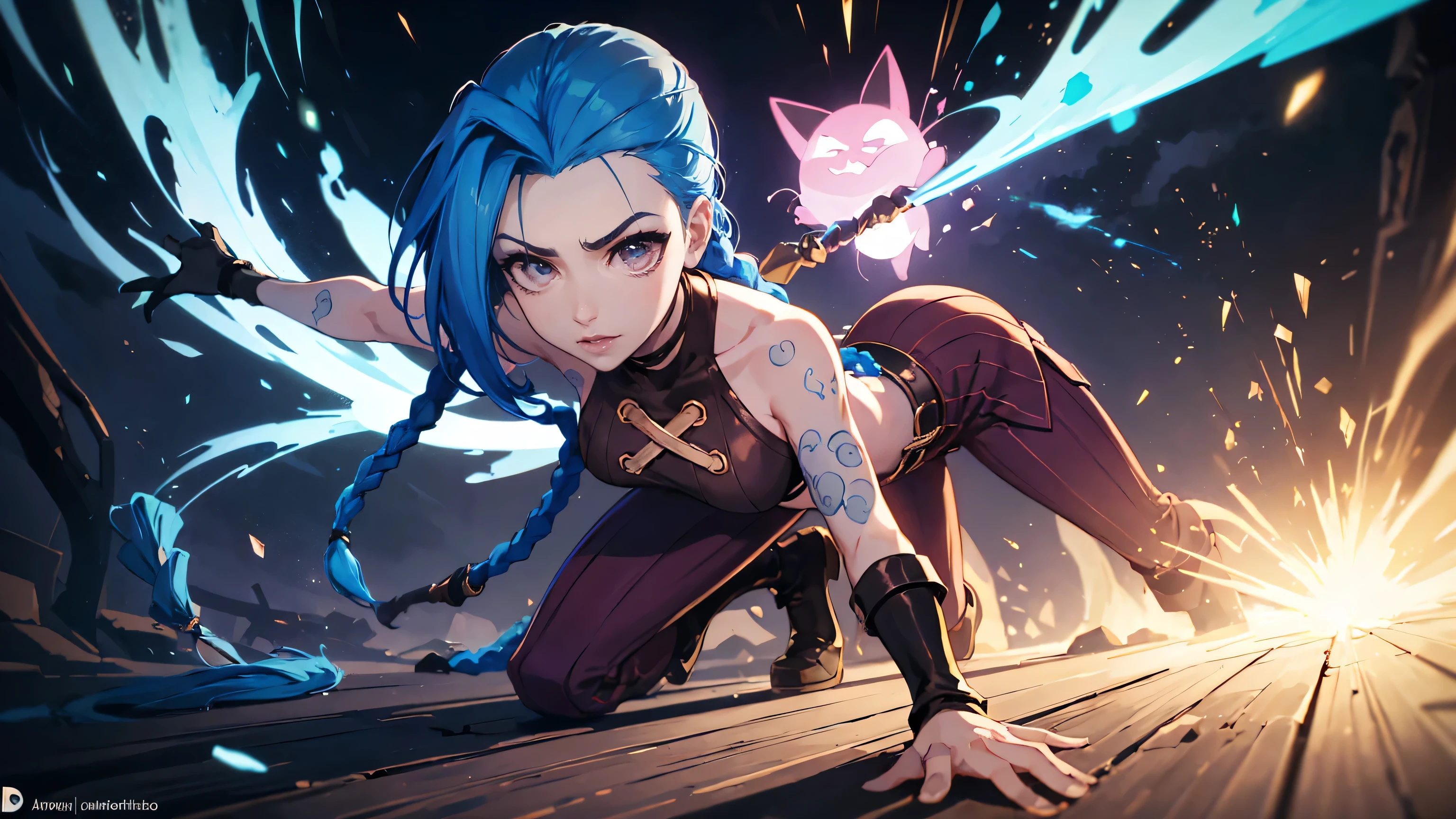 Design de personagem de Jinx, dynamic movements, bunda nua, peito ??, covers your chest with your hands, inchado , bunda, gatinha, pose sexy, Bela figura, Azar do Arcano, Bright blue and purple sparks all around, olhos brilhantes, Pink olhos brilhantes, cabelo longo, cabelo, braided into long braids, The braids are below the knee, A cor do cabelo muda de azul brilhante para azul marinho, Dress with brown pants, Leather boots on feet, Top with four golden circles on the chest, no meio do peito, Tatuagens de nuvens azuis nos ombros e na cintura, Franja longa, pendurado do lado direito, Cinto com cartuchos no cinto, estilo arcano, papel de parede extremamente detalhado da unidade CG 8k, Luz detalhada, cinematic lighting, Chromatic aberration, Brilhante, inexpressivo, Epic composition, escuro no fundo, Chereter Desing, muito detalhado, Corpo detalhado, Vibrante, rosto detalhado, sharp focus, anime art, Vibrante, rosto detalhado, Detalhes de Hugh, sharp focus, Very droopy face, Um olho detalhado, super fine illustration, melhor sombra, detalhes finos, lindo detalhado glow, lindo detalhado, extremamente detalhado, inexpressivo, Epic composition,