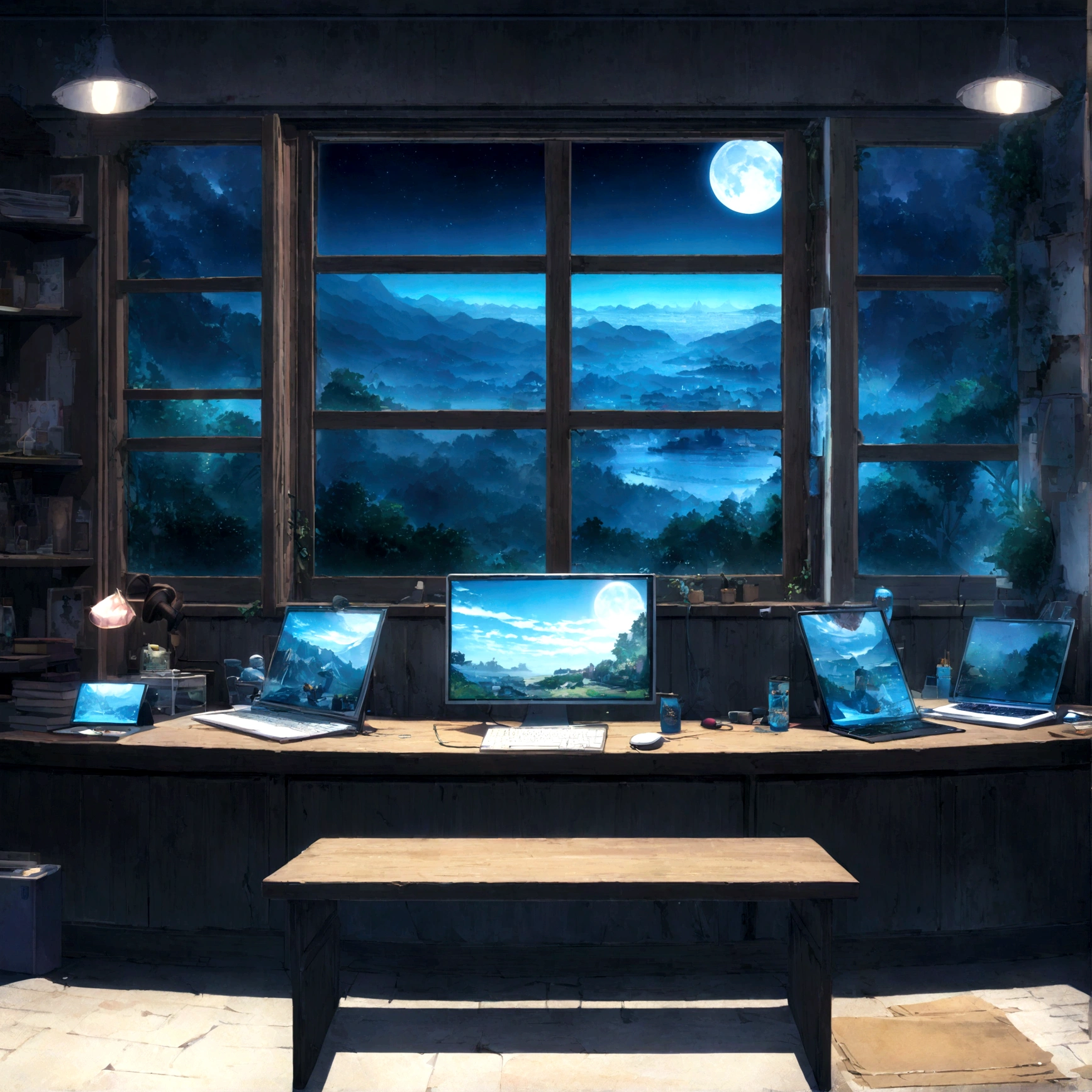 on the desk、No people、Tablet、liquid crystal、moon、PC Monitor、liquid crystalTablet、smartphone、wall、Dark atmosphere、Blue Neon、Blue Star、keyboard、Vocal Microphone、headphone、Large windows、scenery、white flowers and a laptop on a desk in front of a window, a digital painting inspired by Uragami Gyokudō, pixiv contest winner, magical realism, magic lab background, magical background, background art, personal room background, random background scene, anime background art, cozy cafe background, fairy tale style background, background artwork, mobile game background