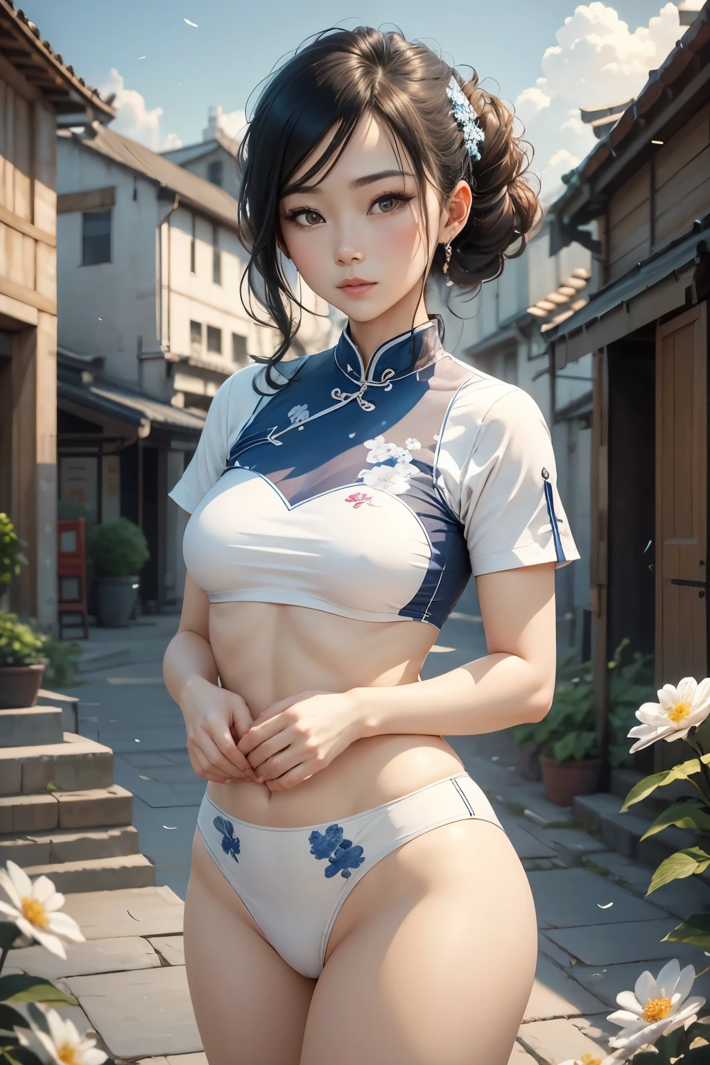 Ink Wind，ink，water ink，Soil，（Blue and white porcelain style：1.5），Jingdezhen porcelain，（Cheongsam Beauty：1.4），Features，Eyes in focus，Modern Cheongsam，Blue and white porcelain，Ancient buildings scattered everywhere，masterpiece，Ultra-fine，high quality，8K resolution