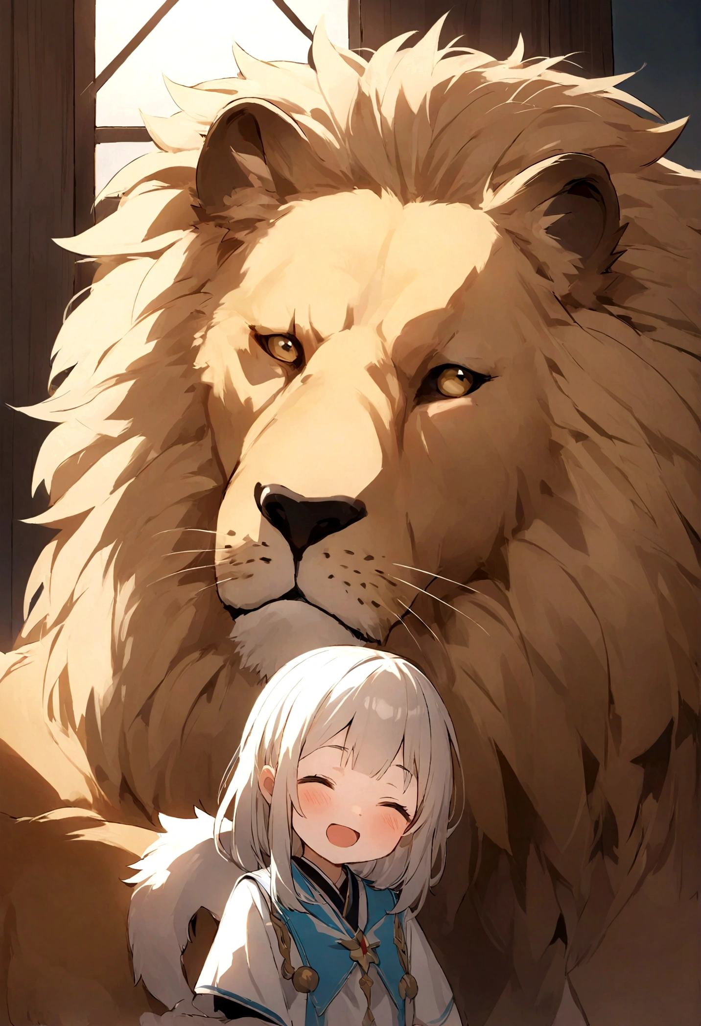 generate《Bible》Cute image of Liam the Lion. He is a cute animal especially suitable for children., With a majestic mane,Symbolizes courage and strength. His expression was warm and welcoming, 邀请孩子们和他一起踏上一段激动人心的Bible故事之旅. Images should convey a sense of learning and fun