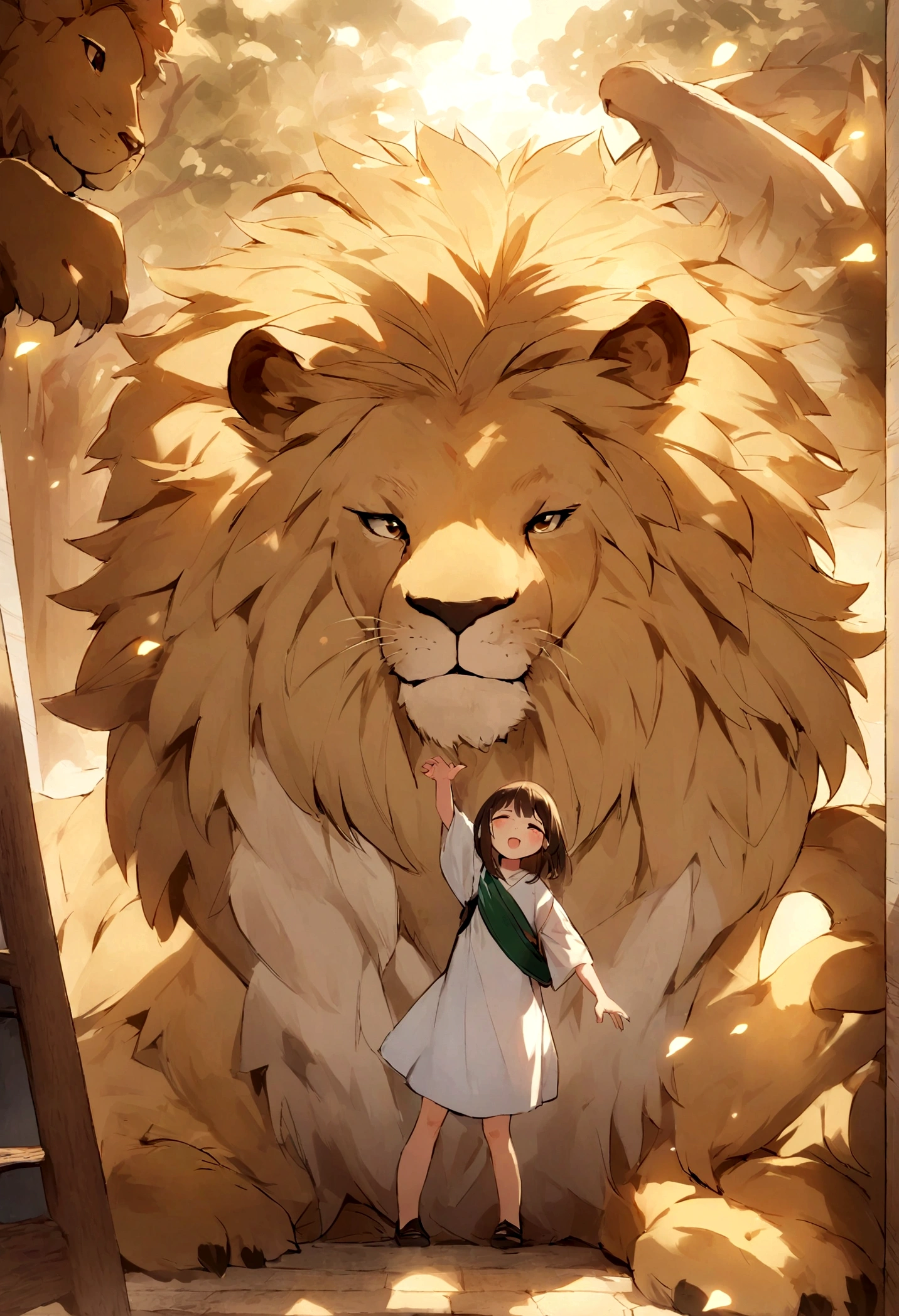 generate《Bible》Cute image of Liam the Lion. He is a cute animal especially suitable for children., With a majestic mane，Symbolizes courage and strength. His expression was warm and welcoming, 邀请孩子们和他一起踏上一段激动人心的Bible故事之旅. Images should convey a sense of learning and fun