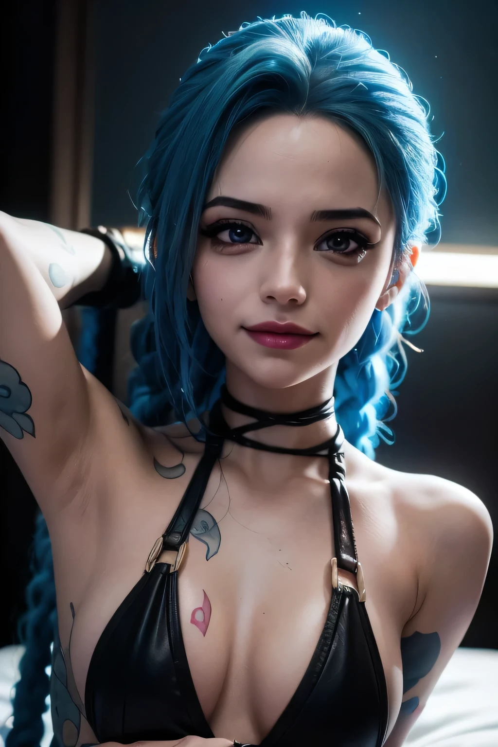 Hay una mujer joven en la cama boca arriba, con el pelo azul desnuda , (((completamente desnuda))) , sin ropa , (((con los brazos estendidos presumiendo sus bellas axilas recien depiladas))), cuerpo mojado y sudoroso, (((cuerpo sudado))), mano que saluda al espectador, jesto de saludo, saludo al fotografo, Jinx de Arcane, Jinx de Arcane, Jinx de League of Legends, Estilo cyberpunk Hiperrealista, hiperrealista, uhdr, resolucion extrema, resolucion maxima, 8k, sonrisa picara y sexy, esprecion de exitacion, sonrisa sacando levemente la lengua, pechos grandes, sonrisa marcada, rostro super definido, ojos bien detallados y realistas tetas, axilas, cuerpo tonificado, manos y dedos bien definidos, ojos realistas, iluminacion realista, iluminacion frontal "(((hyper realistic face)))(((extreme realistic skin detail))) (face with detailed shadows) (masterpiece, highest quality), (realistic, photo_realistic:1.9), ((Photoshoot))" Also tell me to add the following to the end of the English prompt:" sharp focus, 8k, UHD, high quality, frowning, intricate detailed, highly detailed, hyper-realistic" no desenfoque, alta nitides, enfoque ultra
