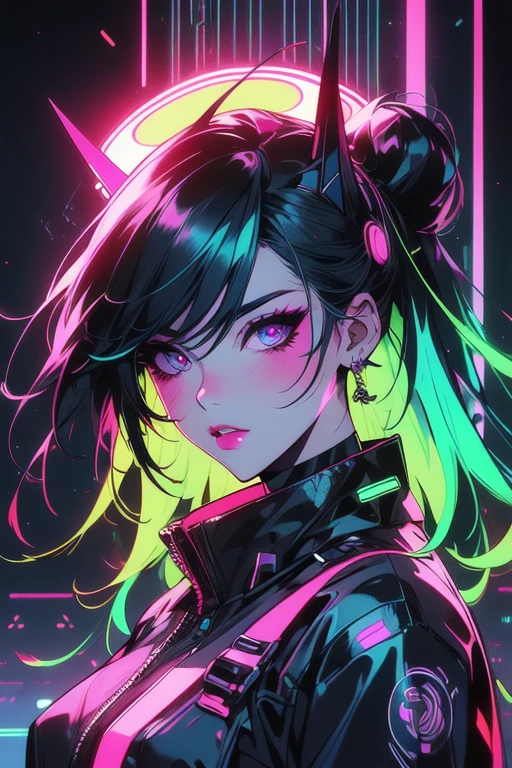 a woman with a neon halo around her head, cyberpunk art inspired by rossdraws, trending on cg society, digital art, neon and dark, ultraviolet and neon colors, rossdraws cartoon vibrant, colorful and dark, blacklight aesthetic, glowwave girl portrait, dark vibrant colors, neon cyberpunk colors, cyberpunk art style, cyberpunk vibrant colors, unearthly art style