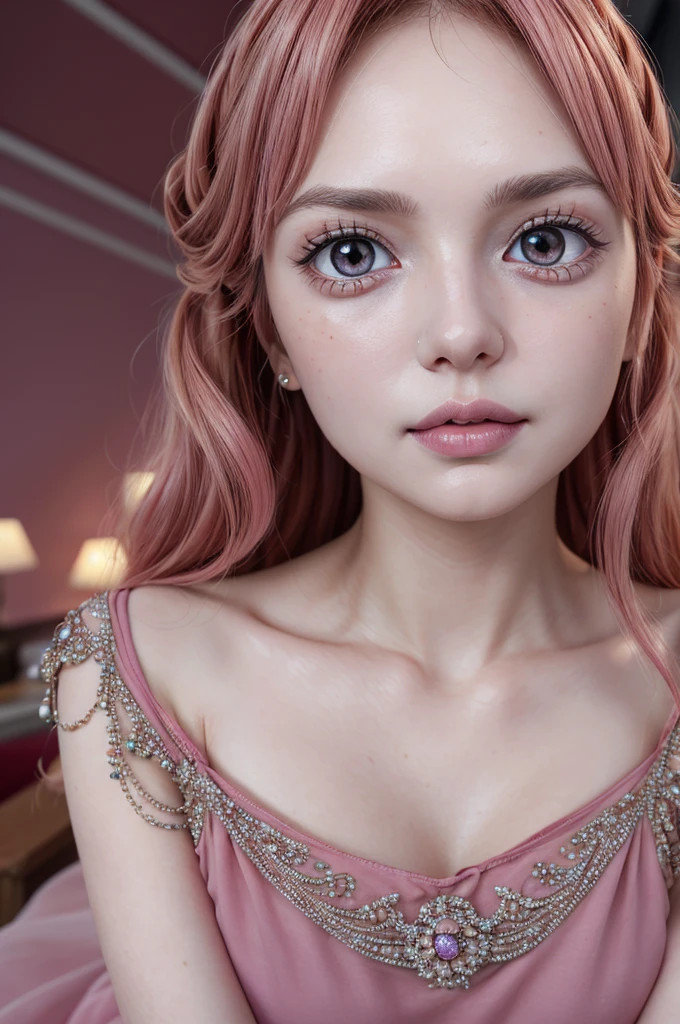1girl,hips up,pink dress,fullbody,beautiful detailed eyes,beautiful detailed lips,extremely detailed face,longeyelashes,elegant dress,beautiful hair,intricate details,high fashion,high quality,photorealistic,8k,hyperrealistic,studio lighting,cinematic lighting,vibrant colors,warm color tone,dramatic lighting