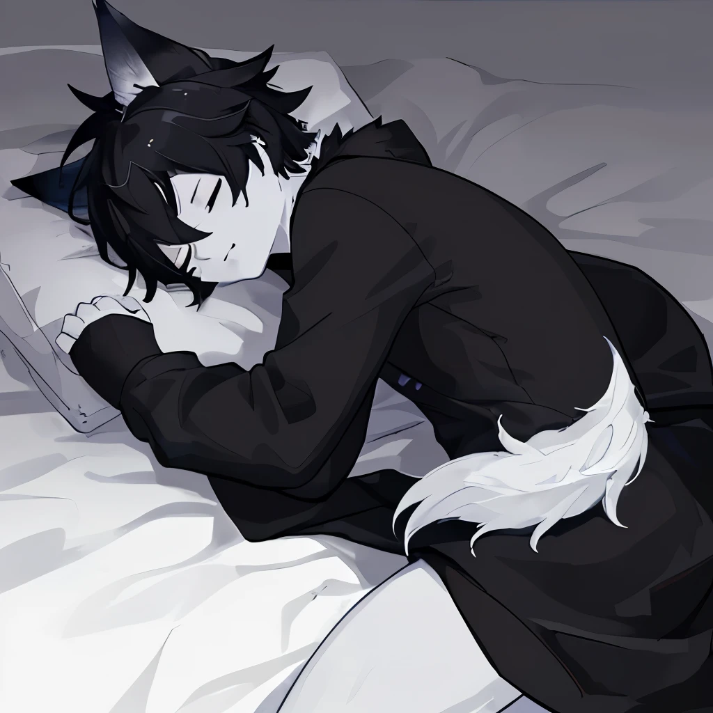 1 boy,furry art,kemono,((masterpiece)), (best quality), (simple style), Black and white style,Dark,Dim moonlight,Wolf Boy,Sleep,A quiet scene