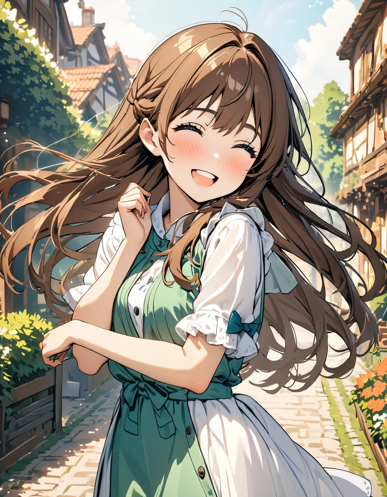 ((best quality))) (((HD))) (((8K))) (feature) 20 year old girl, ((venture)) Elf, ((beautiful)) and ((Happy)), ((brown hair)) and ((long hair)).