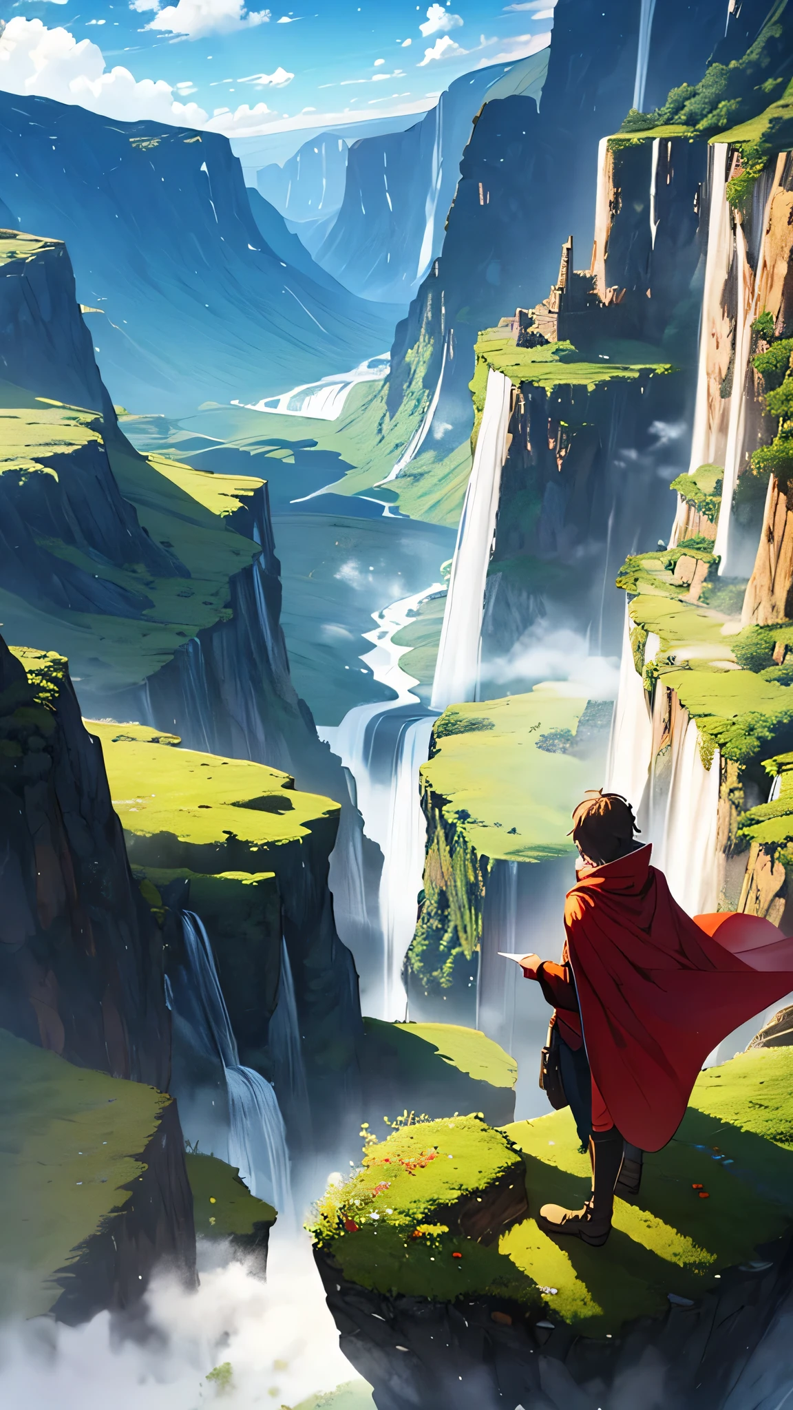 Landscape, waterfalls, View from above, A lot of clouds, guy in a red cape looks into the distance