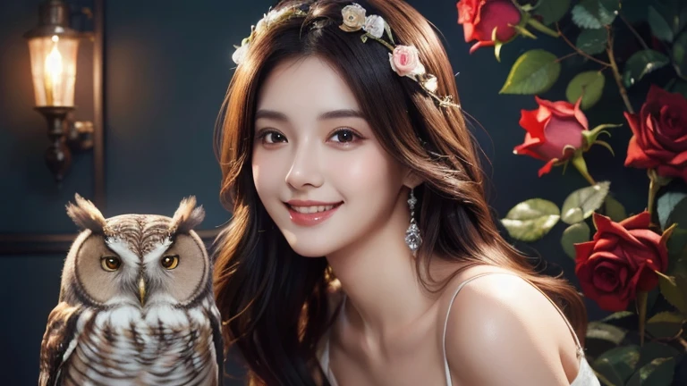 (Highest quality, masterpiece: 1,1), (busty  with owl, dark eyes, bright smile, rose hair, illustration), painting, detailed, 8K