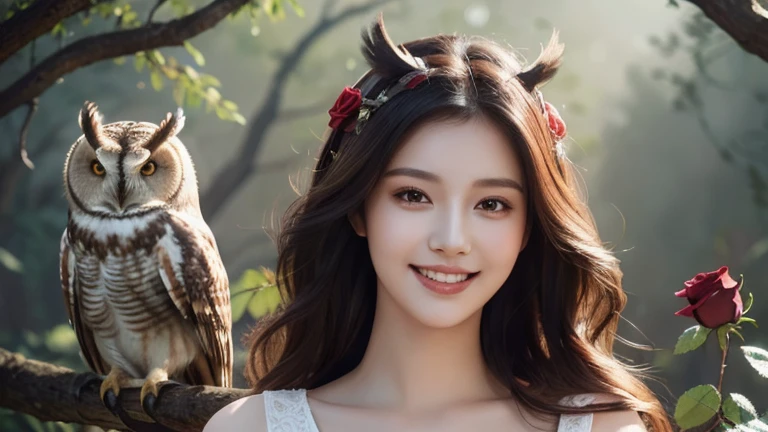 (Highest quality, masterpiece: 1,1), (busty with owl, dark eyes, bright smile, rose hair, illustration), painting, detailed, 8K