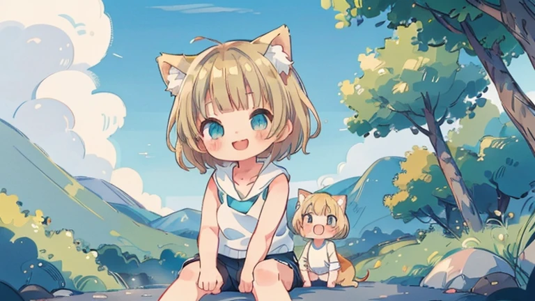 Chibi、Please straighten your bangs、smile、((masterpiece)), ((highest quality)), (anime:1.3), (RAW Photos:1.2),(High resolution:1.3), (Professional photography:1.4), ((12 years old)), 8k, Shiny skin, Cinema Lighting, One girl, Wide Shot, (Knitted fabric tank top), (Cute innocent teenage girl), Slender body, Small breasts, shiny medium hair, (Loose bangs), ((:3)), Open your mouth, Bare your fangs, look up, (いたずらなsmile), Beautiful clavicle, (slightly exposed shoulders), (Dog Ears), Hair blowing in the wind, break, ((highest quality)), (Sitting in Dubrovnik, Croatia), Summer day,Double Exposure、Blonde Hair、short hair、Turquoise Eyes、White hoodie、Black hot pants、Black sneakers,Please straighten your bangs、She has cat ears of the same color as her hair.