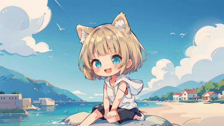 Chibi、Please straighten your bangs、smile、((masterpiece)), ((highest quality)), (anime:1.3), (RAW Photos:1.2),(High resolution:1.3), (Professional photography:1.4), ((12 years old)), 8k, Shiny skin, Cinema Lighting, One girl, Wide Shot, (Knitted fabric tank top), (Cute innocent teenage girl), Slender body, Small breasts, shiny medium hair, (Loose bangs), ((:3)), Open your mouth, Bare your fangs, look up, (いたずらなsmile), Beautiful clavicle, (slightly exposed shoulders), (Dog Ears), Hair blowing in the wind, break, ((highest quality)), (Sitting in Dubrovnik, Croatia), Summer day,Double Exposure、Blonde Hair、short hair、Turquoise Eyes、White hoodie、Black hot pants、Black sneakers,Please straighten your bangs、She has cat ears of the same color as her hair.