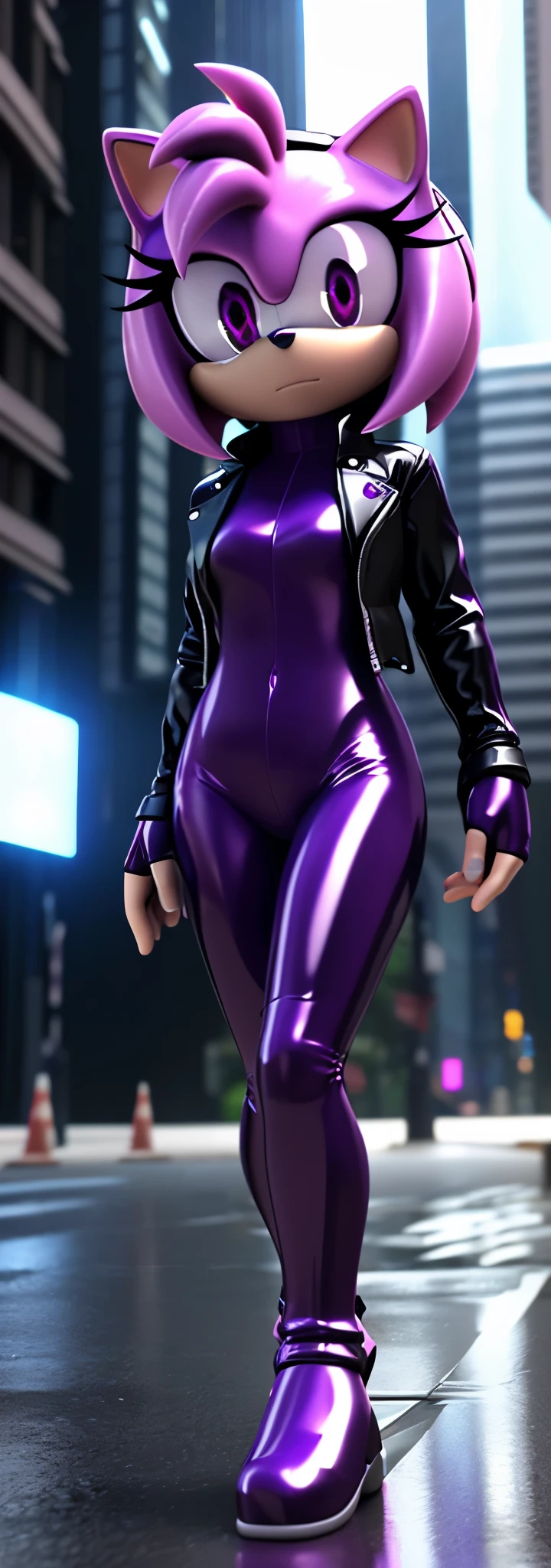 Solo, 1girl, full body image, rendered in SFM, ((sonic oc:1)), from sonic, high detail iconic character, in the new action-movie sonic, ghost in the shell city, official render, 3d render official art, toon shader, ((female)), (((purple hedgehog:1))), (shiny purple fur:0.9), (((Amy rose style quills))), (((metallic purple eyeliner))) ((deep purple eyes:1.5)), ((calm neutral expression)), ray trace 4 k, ray trace 4k, (((metallic purple latex bodysuit))), (((leather jacket))), ((fingerless gloves:0.9))