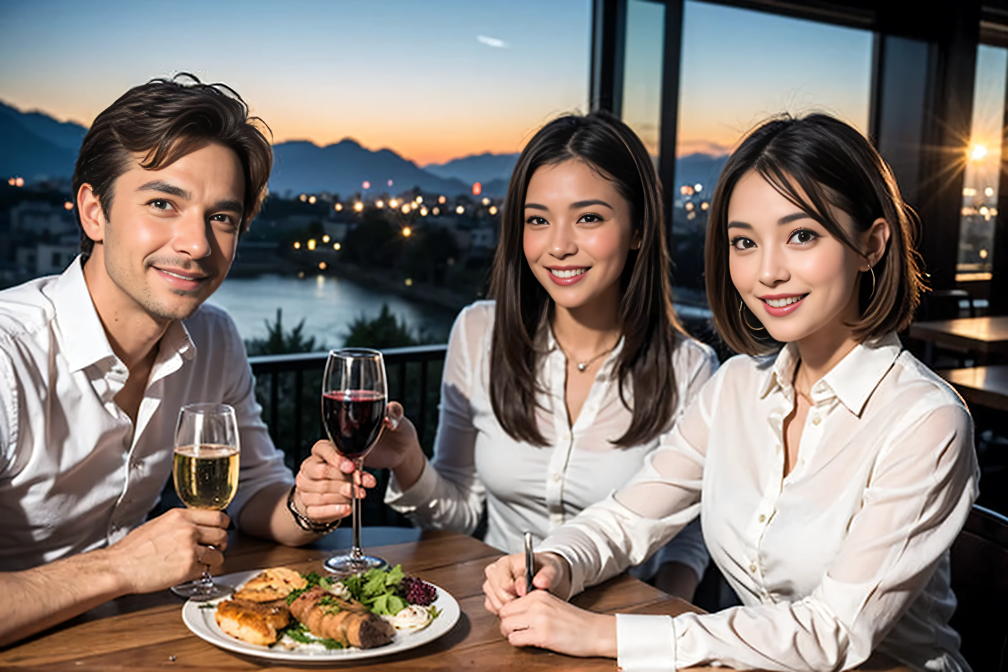 ((highest quality、8k、masterpiece:1.3))、1 male 1 female、Lovers、beautiful couple、Happy Smile、 (Slim face), (The body is スリム), (Brown Hair), (Shortcuts), ((Bob Hale、Straight hair:1.2)), Wine glass on the table、Please put light on my face、 Amazing view of the sunset sky and clouds、Amazing mountain views、The wonderfulness of smiles、Bright image、Blushing, Shortcuts,Bright Face、 (Age 35), 39 years old, red wine 、Appetizers、Italian food、Wine bottle、Champagne、sparkling wine、Long sleeve shirt、dress、Attractive beauty、restaurant, Nova Frog Style, actress, model, Upper Body, White wine, red wine, wine glass, 