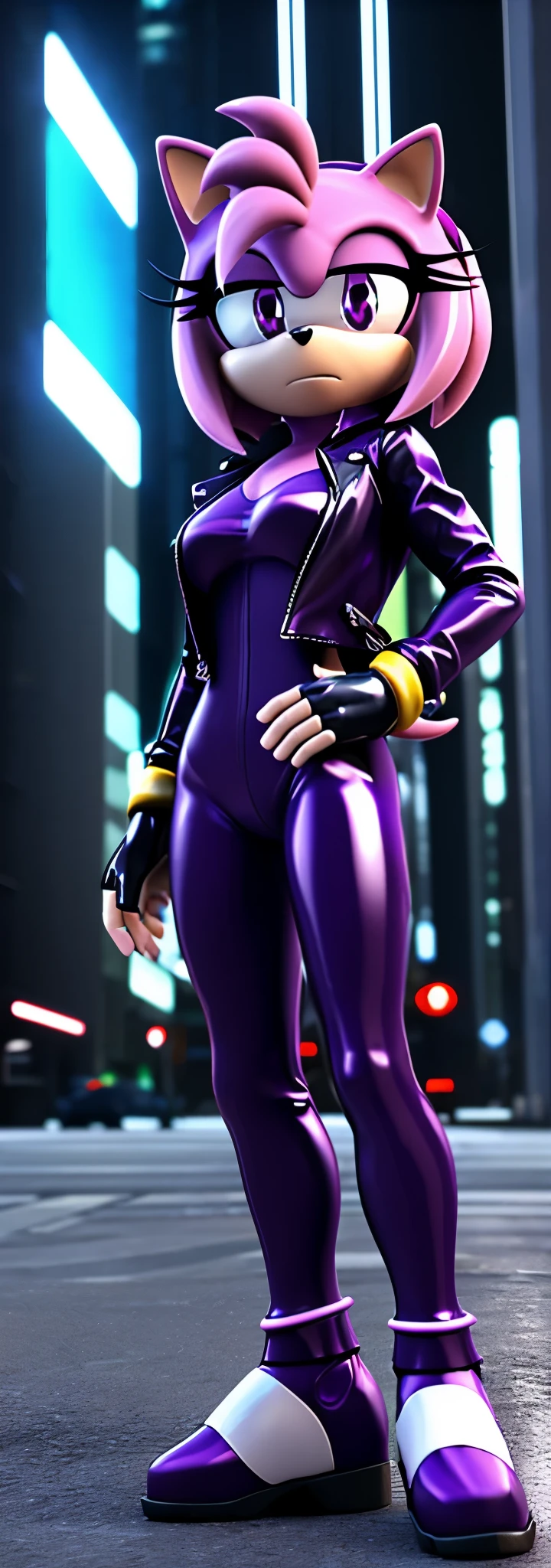 Solo, 1girl, full body image, rendered in SFM, ((sonic oc:1)), from sonic, high detail iconic character, in the new action-movie sonic, ghost in the shell city, official render, 3d render official art, toon shader, ((female)), (((purple hedgehog:1))), (shiny purple fur:0.9), (((Amy rose style quills))), (((metallic purple eyeliner))) ((deep purple eyes:1.5)), ((calm neutral expression)), ray trace 4 k, ray trace 4k, (((metallic purple latex bodysuit))), (((leather jacket))), ((fingerless gloves:0.9))