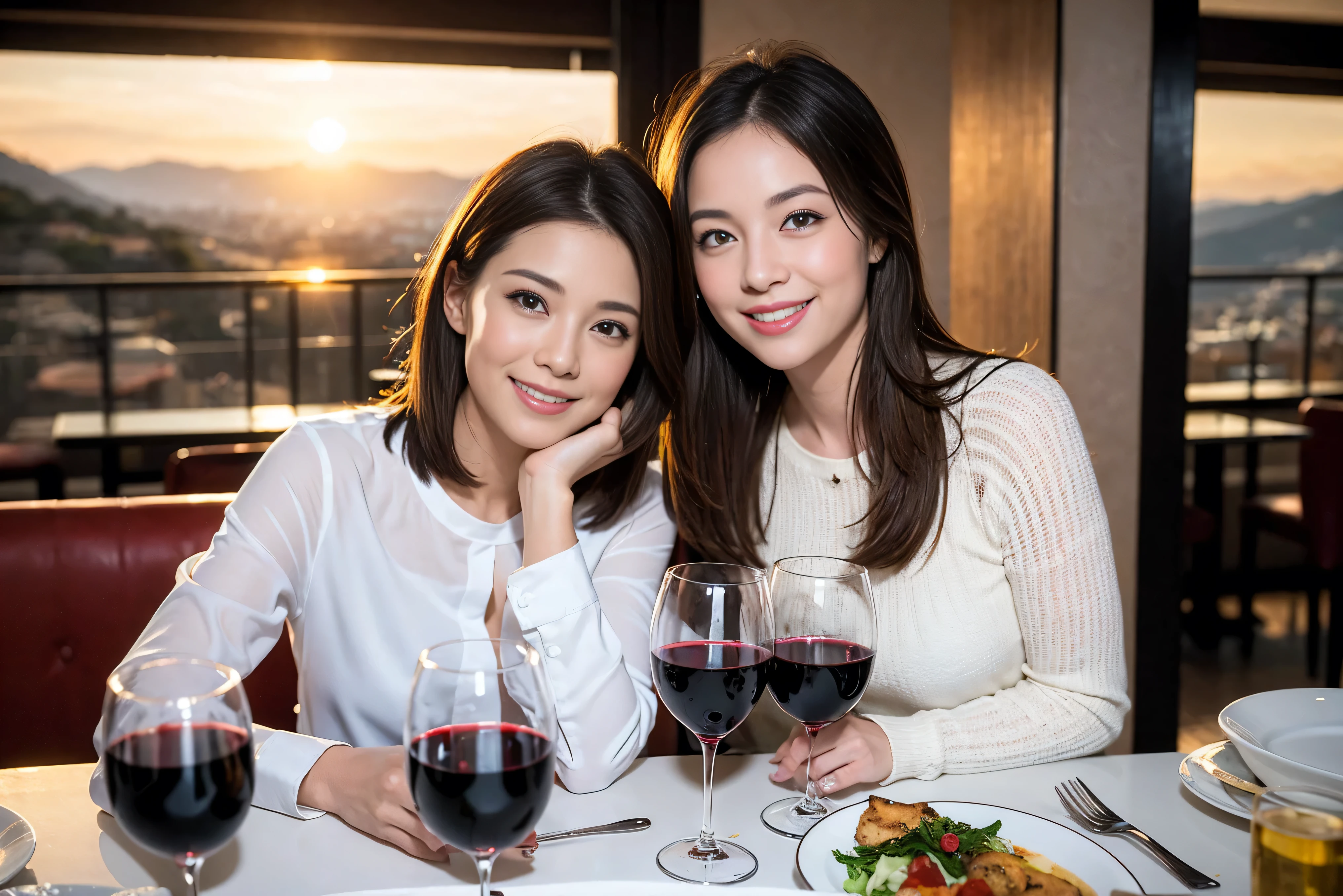 ((highest quality、8k、masterpiece:1.3))、1 male 1 female、Lovers、beautiful couple、Happy Smile、 (Slim face), (The body is スリム), (Brown Hair), (Shortcuts), ((Bob Hale、Straight hair:1.2)), Wine glass on the table、Please put light on my face、 Amazing view of the sunset sky and clouds、Amazing mountain views、The wonderfulness of smiles、Bright image、Blushing, Shortcuts,Bright Face、 (Age 35), 39 years old, red wine 、Appetizers、Italian food、Wine bottle、Champagne、sparkling wine、Long sleeve shirt、dress、Attractive beauty、restaurant, Nova Frog Style, actress, model, Upper Body, White wine, red wine, wine glass,