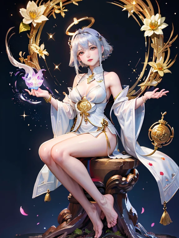 (Buddhist paradise、Gold Dust、Silver、Ruri、agate、Several large crystals、Halo、Kannon Bodhisattva)、god々A good appearance、A dazzlingly bright world、Daytime world、Flowers are blooming all over the place、Seated on a lotus pedestal、Official artwork、Crystal clear white dress、barefoot、(masterpiece、highest quality、High resolution、8k)、The composition is excellent、