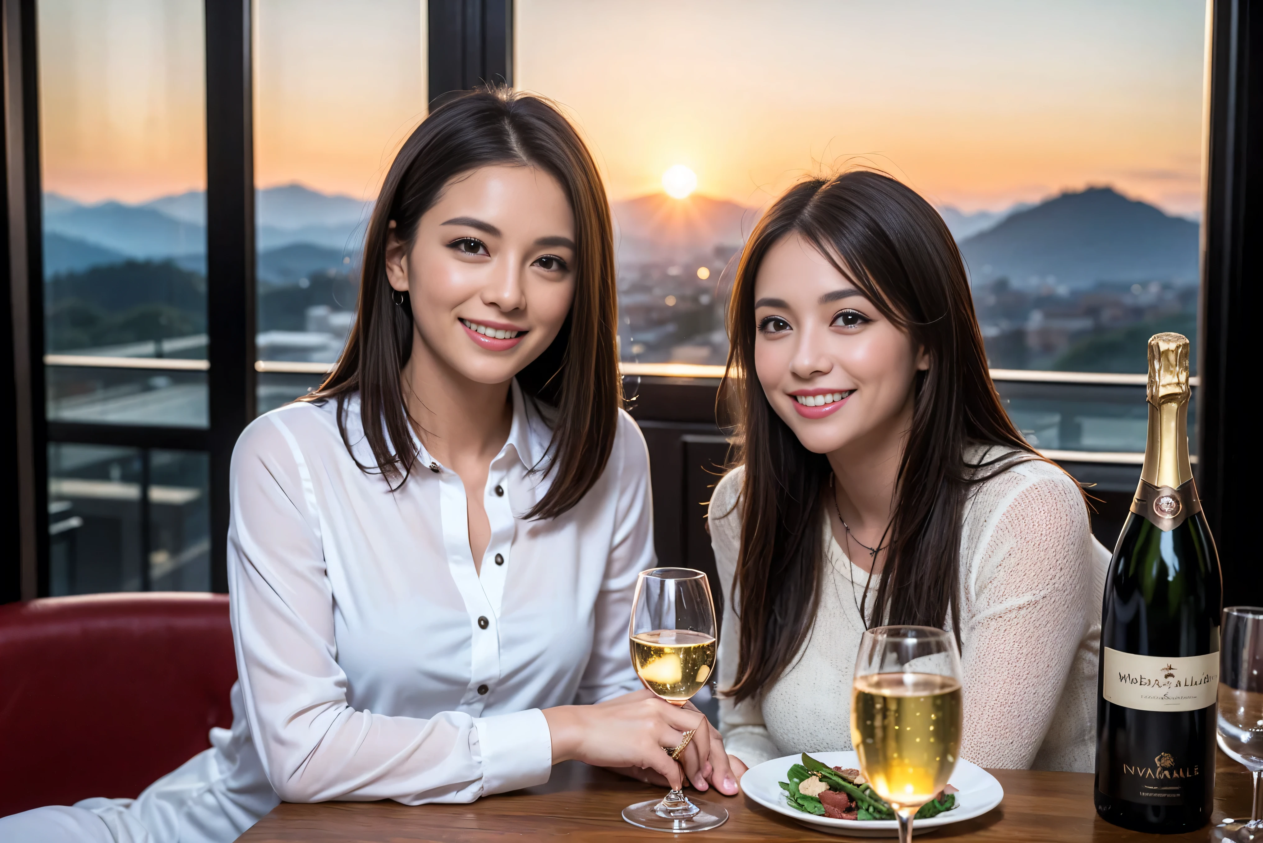 ((highest quality、8k、masterpiece:1.3))、1 male 1 female、Lovers、beautiful couple、Happy Smile、 (Slim face), (The body is スリム), (Brown Hair), (Shortcuts), ((Bob Hale、Straight hair:1.2)), Wine glass on the table、Please put light on my face、 Amazing view of the sunset sky and clouds、Amazing mountain views、The wonderfulness of smiles、Bright image、Blushing, Shortcuts,Bright Face、 (42 years old), 39 years old, red wine 、Appetizers、Italian food、Wine bottle、Champagne、sparkling wine、Long sleeve shirt、dress、Attractive beauty、restaurant, Nova Frog Style, actress, model, Upper Body, White wine, red wine, wine glass,