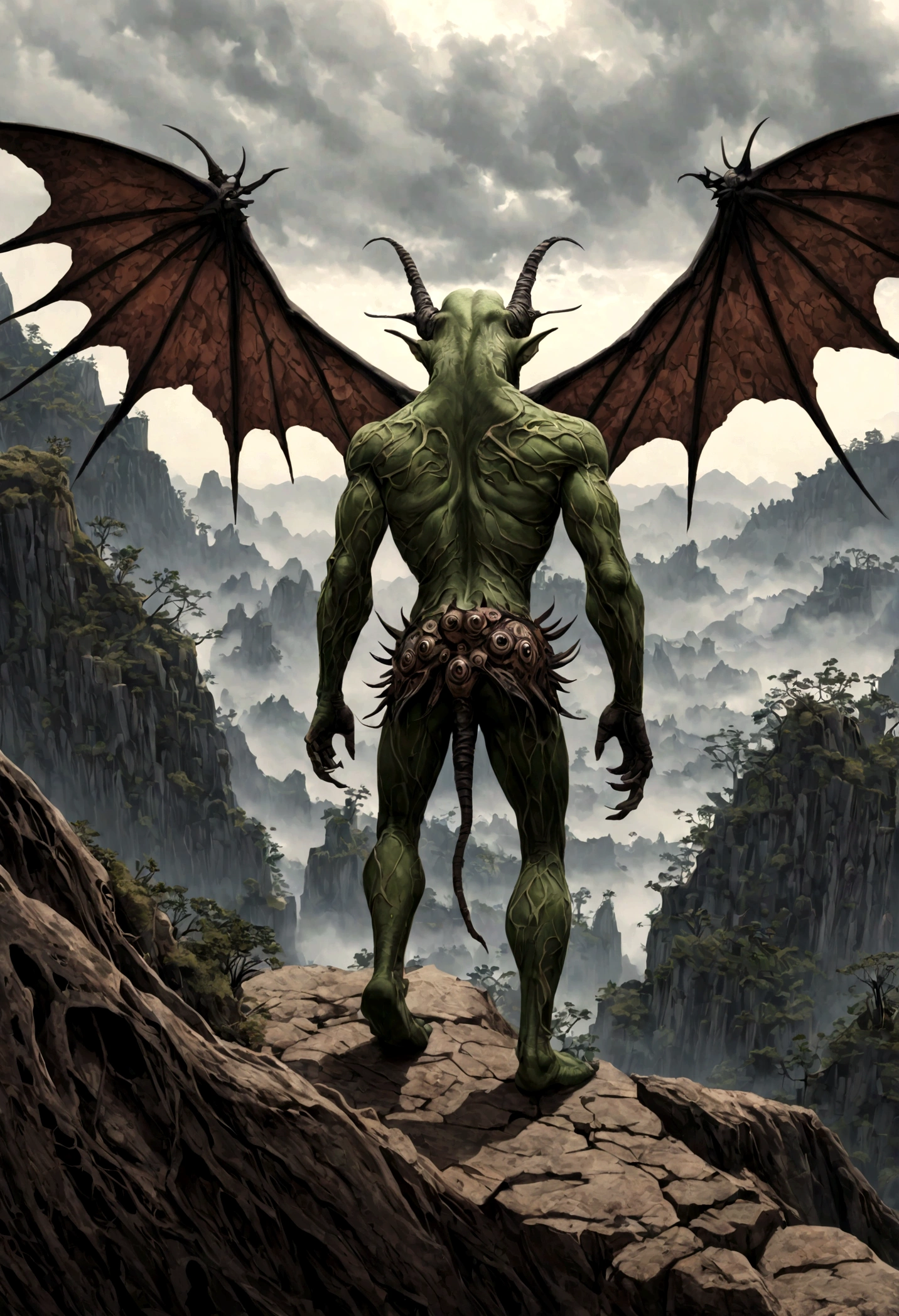 full-body-shot,kobold,natural skin textures, hyper realisitc, hyper detailed,elegant wings,wings Extremely detailed,High contrast,Realistic,Chalsedoon goblin, back view,full body length,sparas,pretty face,intricate details,realistic humid skin,extremely intricate details,anatomically correct, eyes extremely detailed, high detailed eyes,High contrast,Ultra HD,Retina,HDR,photo,photorealism,Masterpiece, natural skin textures, hyper realism,hyper detailed,High contrast,(HDR:1.4),Realism,Ultra Detailed,irina yermolova, close full body shot,16K resolution,RAW, Nikon Z9,Paul Zizka,full body length,niobium goblin,native irish,pretty face,eyebrow up,full body shot,ominous landscape,niobium gray atmosphere,by art Simon Stalenhag,Nicola Samori,(((Wangechi Mutu))),scary complicated village of stalkers,Stone Forest in Yunnan Province of Italia