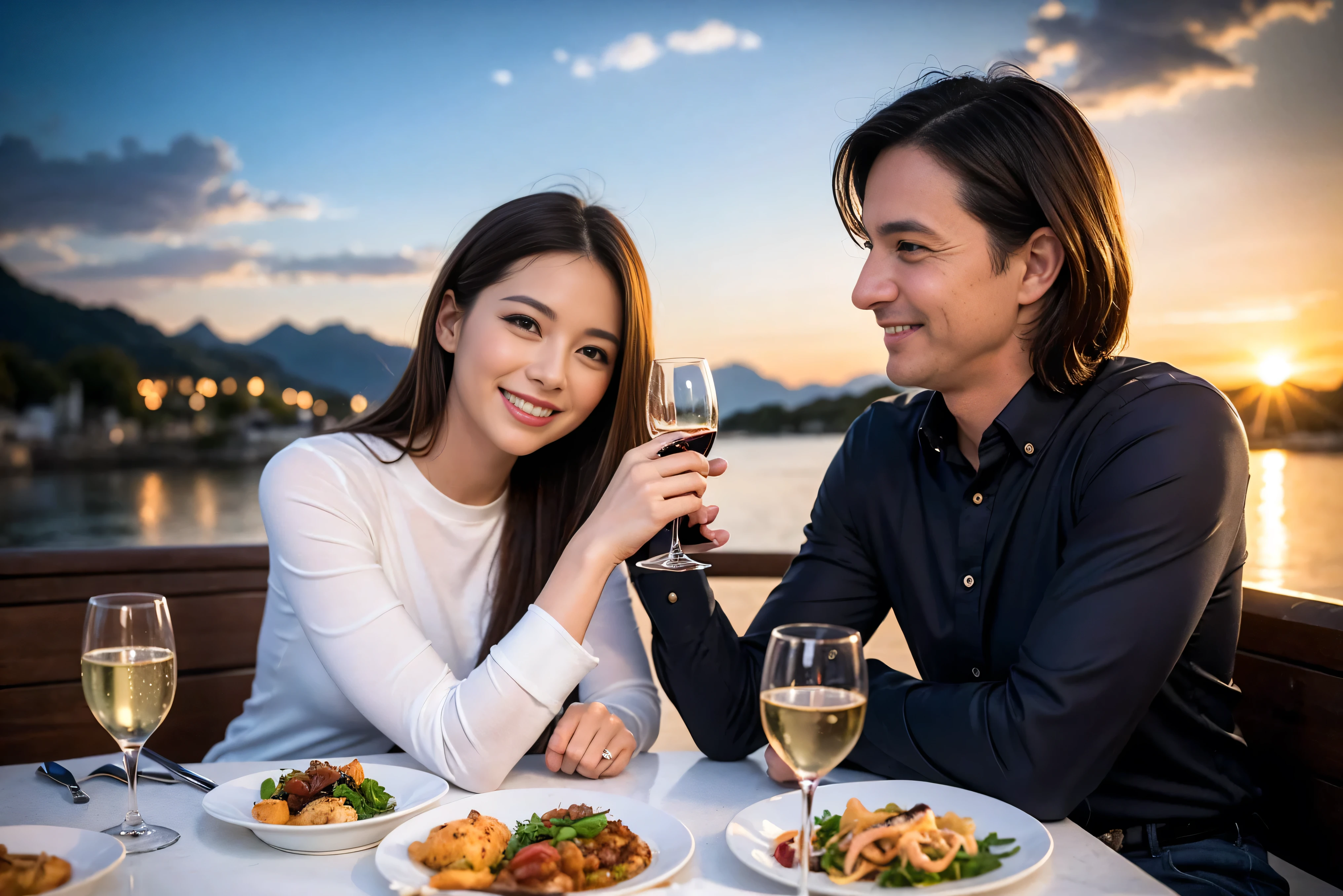 ((highest quality、8k、masterpiece:1.3))、1 male 1 female、Lovers、beautiful couple、Happy Smile、 (Slim face), (The body is スリム), (Brown Hair), (Shortcuts), ((Bob Hale、Straight hair:1.2)), Wine glass on the table、Please put light on my face、 Amazing view of the sunset sky and clouds、Amazing mountain views、The wonderfulness of smiles、Bright image、Blushing, Shortcuts,Bright Face、 (42 years old), 39 years old, red wine 、Appetizers、Italian food、Wine bottle、Champagne、sparkling wine、Long sleeve shirt、dress、Attractive beauty、restaurant, Nova Frog Style, actress, model, Upper Body, White wine, red wine, wine glass,