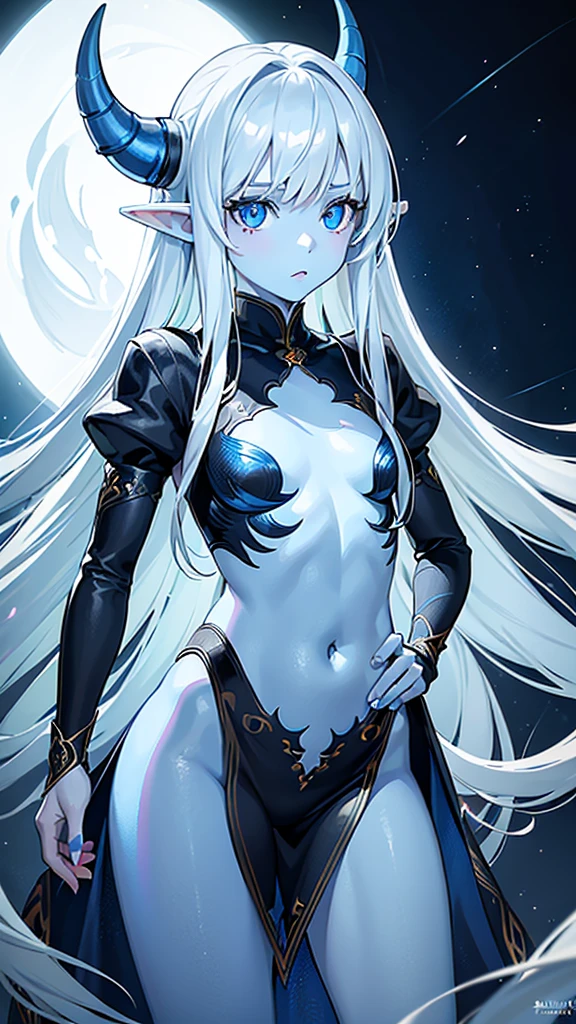 (((small and young girl))), Dragoness with long white hair that is loose and straight, one of the strands of her hair hits her face,blue eyes like emeralds,pointed elf ears, ((with a blue horn)),(long tail with diamonds in it),(((Light blue skin))),Defined body, with and big butt. She is wearing a sexy blue outfit, which resembles a dress, but shows every part of her body and her navel, ((high quality)),((high resolution)), ((detailed)), ((vibrant colors)), ((correct proportions)), ((perfect anatomy)), ((detailed eyes)), ((realistic eyes)),(( detailed background)), ((realistic environment)), ((no deformations))