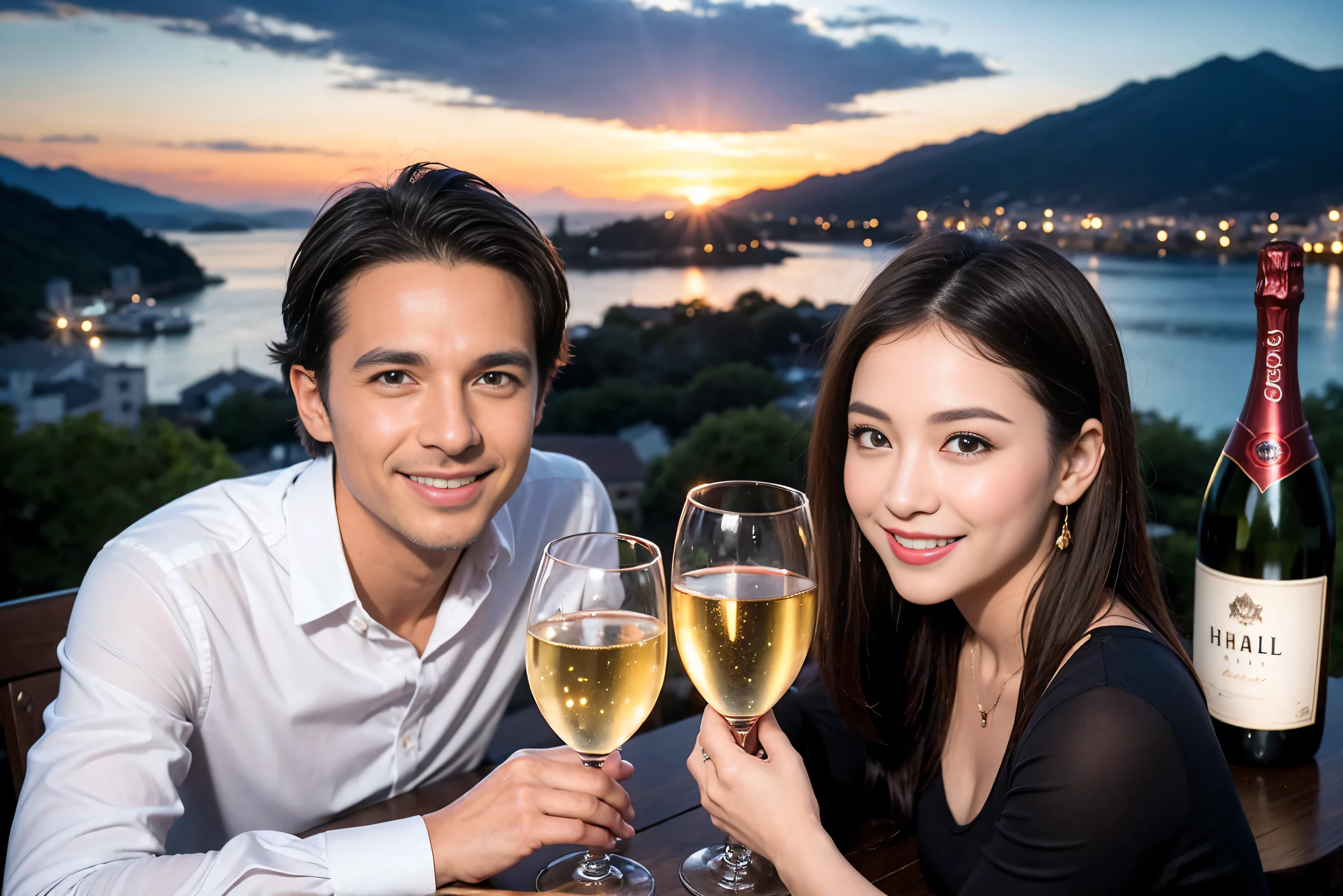 ((highest quality、8k、masterpiece:1.3))、1 male 1 female、Lovers、beautiful couple、Happy Smile、 (Slim face), (The body is スリム), (Brown Hair), (Shortcuts), ((Bob Hale、Straight hair:1.2)), Wine glass on the table、Please put light on my face、 Amazing view of the sunset sky and clouds、Amazing mountain views、The wonderfulness of smiles、Bright image、Blushing, Shortcuts,Bright Face、 (42 years old), 39 years old, red wine 、Appetizers、Italian food、Wine bottle、Champagne、sparkling wine、Long sleeve shirt、dress、Attractive beauty、restaurant, Nova Frog Style, actress, model, Upper Body, White wine, red wine, wine glass,