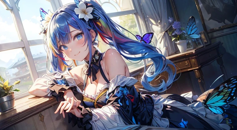 (masutepiece:1.3), (8K, Photorealistic, Raw photo, Best Quality: 1.4), Beautiful face, (Realistic face), Beautiful detailed eyes, (Realistic skin), Attractive, Intricate details,Golden ratio,  1 girl,Naughty smile, (rainbow hair:1.4),((Long twintails,Ribbon 1.4)),Gothic Lolita Fashion,(Blue butterfly hair ornament),off shoulders,cleavage,Dynamic Pose,Dynamic Angle,Intricate details, Hyper realistic, Perfect Anatomy、only face、A smile、Smiling、Face enhancement、Golden light、rainbows、Heaven、angelicales、Deities、Luz Divina(masutepiece:1.3), (8K, Photorealistic, Raw photo, Best Quality: 1.4), Beautiful face, (Realistic face), Beautiful detailed eyes, (Realistic skin), Attractive, Intricate details,Golden ratio, 1 girl,Naughty smile, (rainbow hair:1.4),((Long twintails,Ribbon 1.4)),（looking-down),Dynamic Angle,ultra-detailliert, illustratio, gros-plan, Straight, One girl, (Fantasia:1.4), (azure eyes:1.233),Her eyes shone like dreamy stars,(radiant eyes:1.233) ,(beautiful and delicate eyes:1.1),((+(Bullhair flower:1.14)),(Chiffon dress,Blue floral pattern on uniform)/=(military outfits:1.24),(no sleeves,Wide sleeves),(Fingerless gloves),a choker,(Miko is not),high-heels,(deadpan,Mouth closure),(Standing), (classical Princess boudoir with dressing tableand french windowin a white ancient palaces),(white blossoms、florals),(abyssal),(flowingwater),(a dull blue world tree:1.14),(Ruins),(natta:1.2 ),Dreamy,Seoul,(fluorescent),(Translucent blue butterfly flight:1.15),[[Delicate fingers and hands:0.55]::0.85],(Fine fingers),(yubao:0.5)