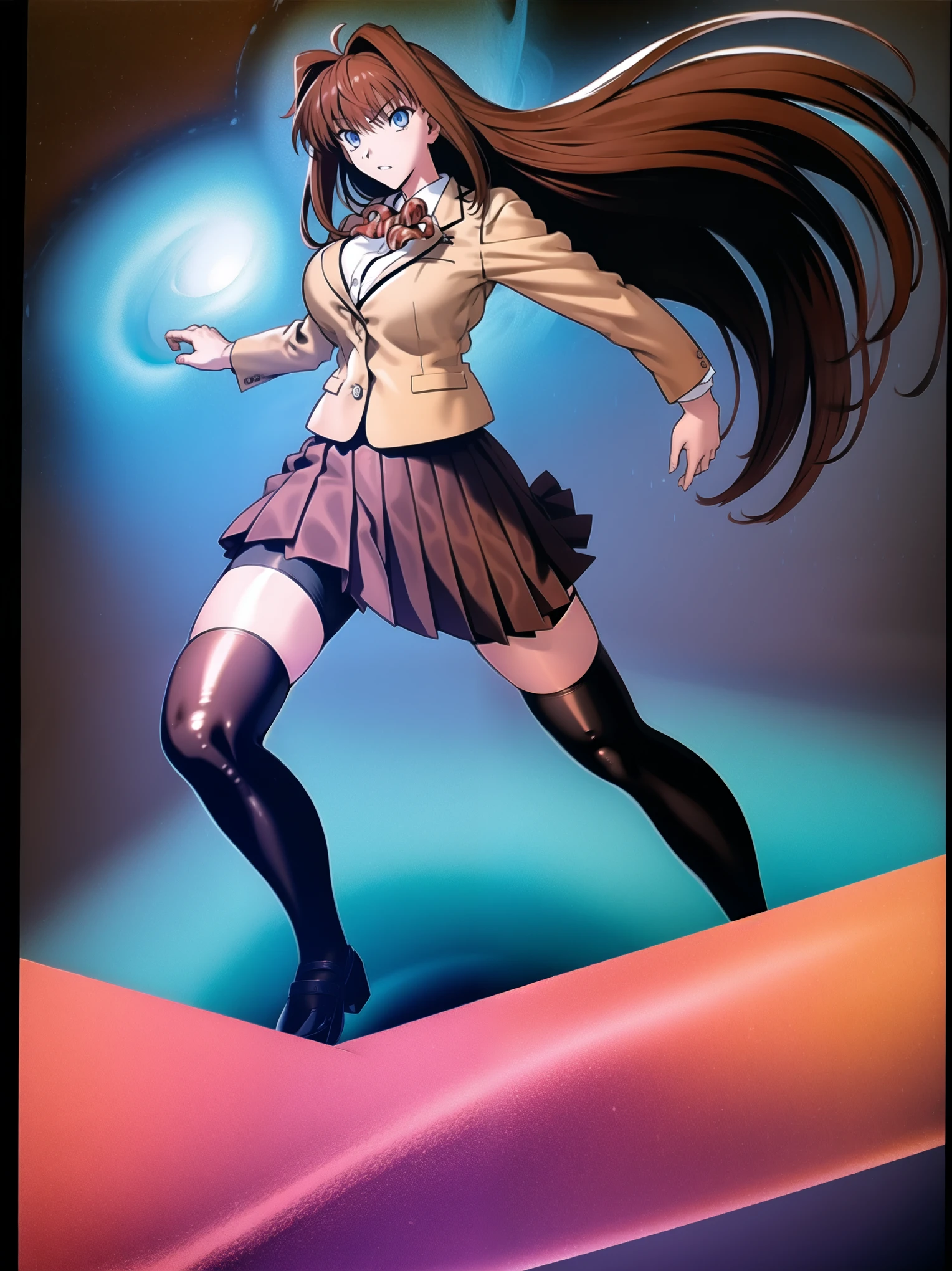 BREAK, centered. BREAK, (EMPTY BACKGROUND), BREAK, (masterpiece), best quality, high resolution, 8k, illustration, (beautiful detailed eyes:1.5), extremely detailed face, extremely detailed body, CG, perfect hands, perfect anatomy, (((1girl))), ((solo)), (((bbaoko))), ((2 legs max)), ((2 feet max:1.6)), ((swirling vortex shaped longest brown hair:1.5)), (brown longest hair with slightly reddish undertone:1.6), (lush luscious longest brown hair:1.6), (very long voluminous longest brown hair:1.5), serious, blue eyes, red bowtie, (Form-fitting beige blazer:1.5), brown jacket, (highly detailed beautiful face:1.2), (white shirt:1), (well shaped large breasts:1.6), (nice hips:1), (((Umber pleated thigh-high skirt:1.6))), (((black bike shorts:1.4))), (toned thighs:1.6), (jetblack thighhighs:1.6), (strap shoes brown color), (facing front:1.5), ((standing straight:1.5)), ((Fullbody in frame:1.6)), ((Full body:1.5)), ((takeuchi takashi:1.3))