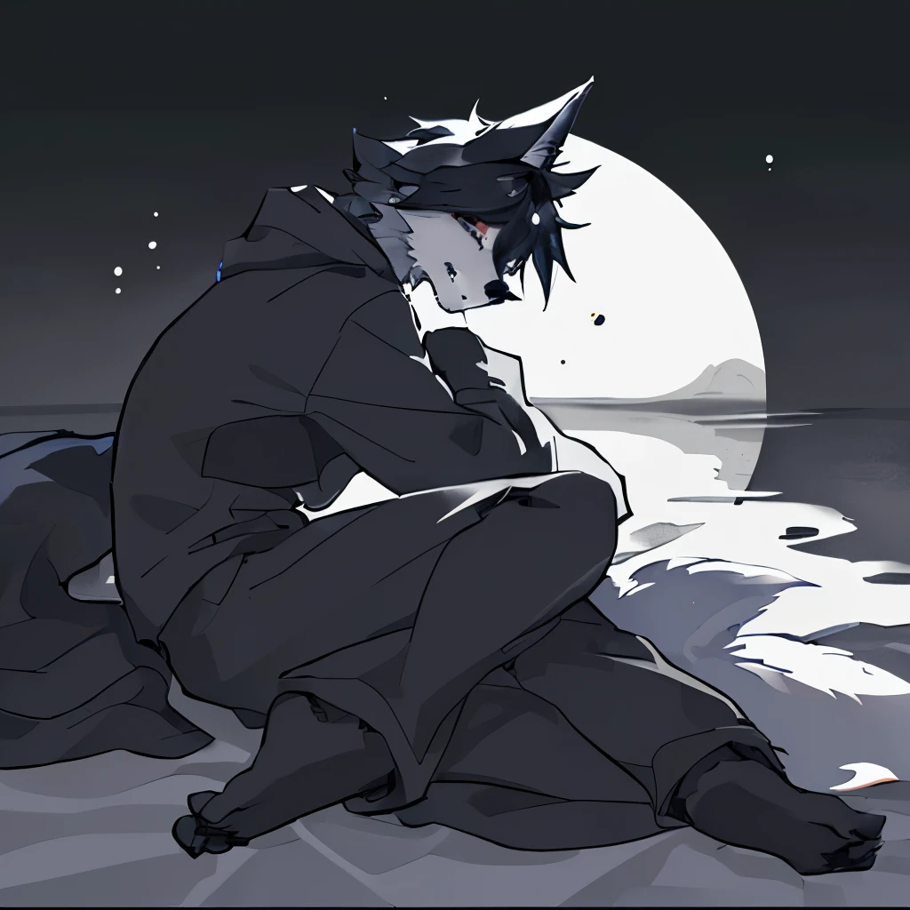 1 boy，furry art，kemono，((masterpiece)), (best quality), (simple style), Black and white style，Dark，Dim moonlight，Wolf Boy，Sleep，A quiet scene