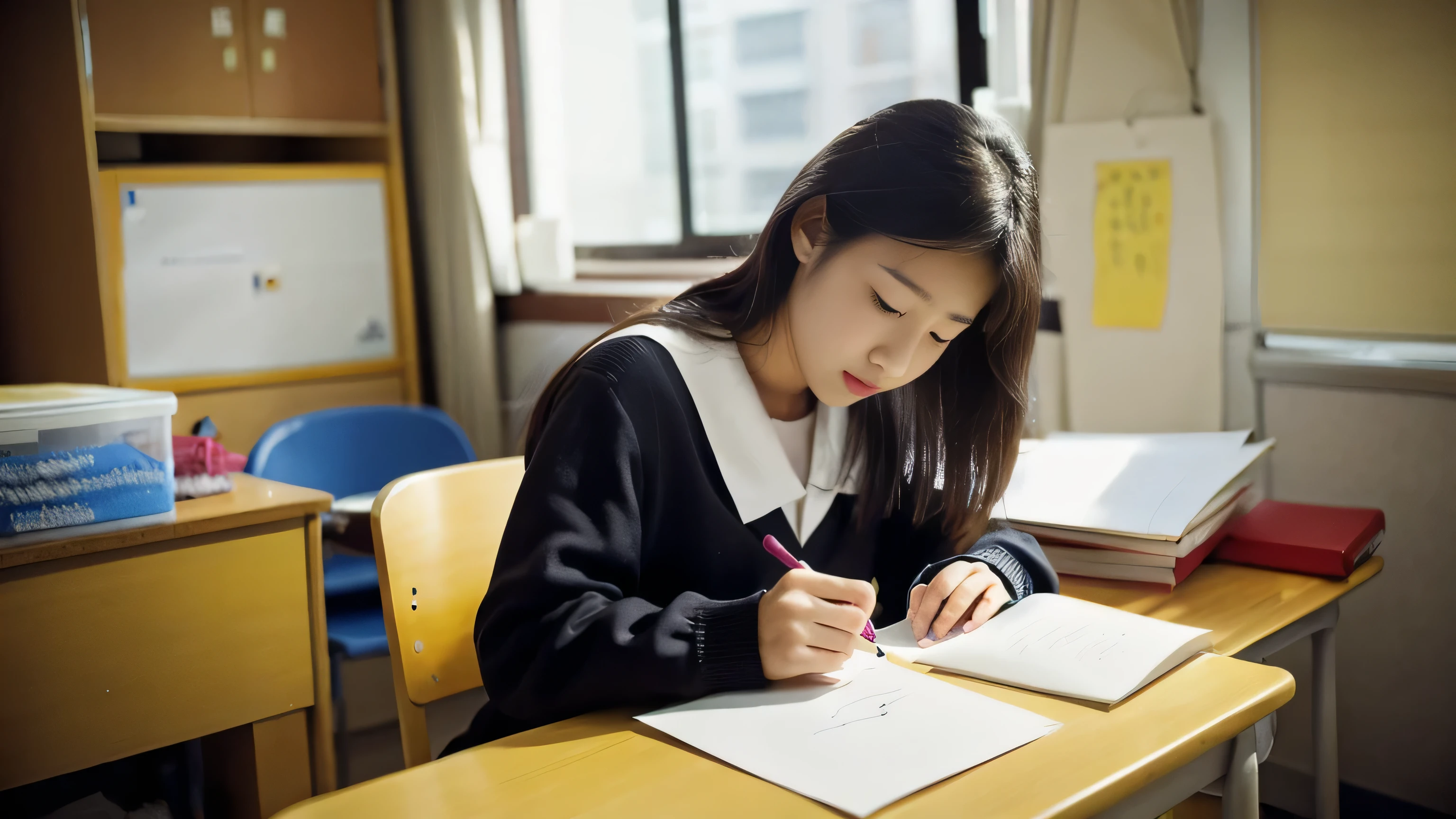 、Female 、(((Writing a letter in the room)))、high resolution