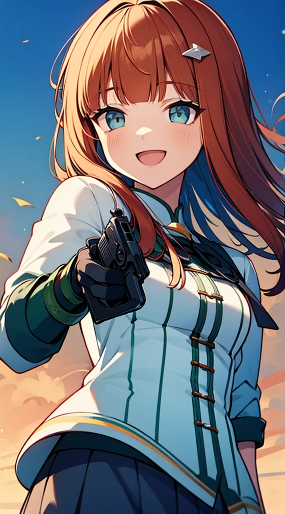 holding gun, hand gun, smile,:D,