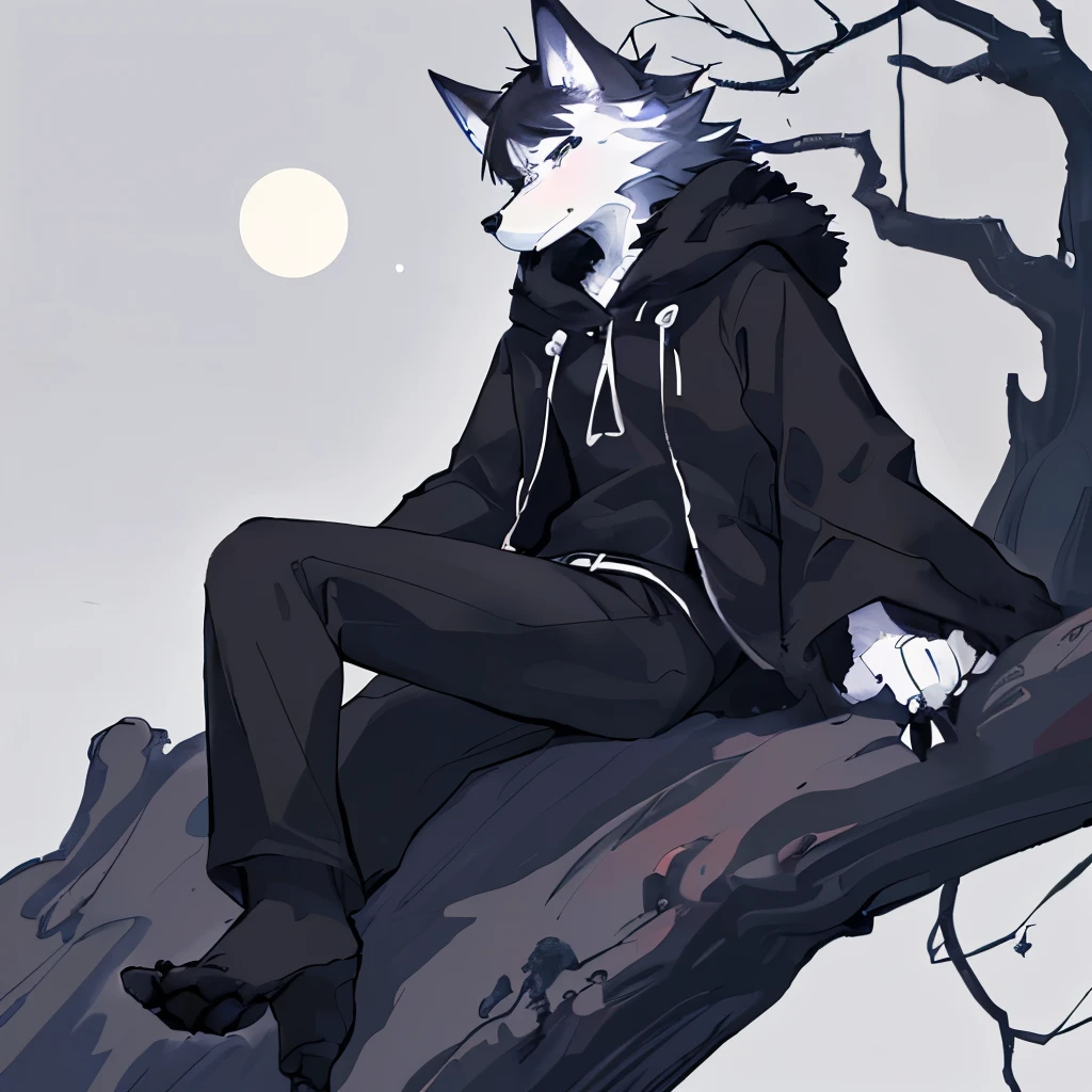 1 boy,furry art,kemono,((masterpiece)), (best quality), (simple style), Black and white style,Dark,Dim moonlight,Wolf Boy,Sleep,A quiet scene
