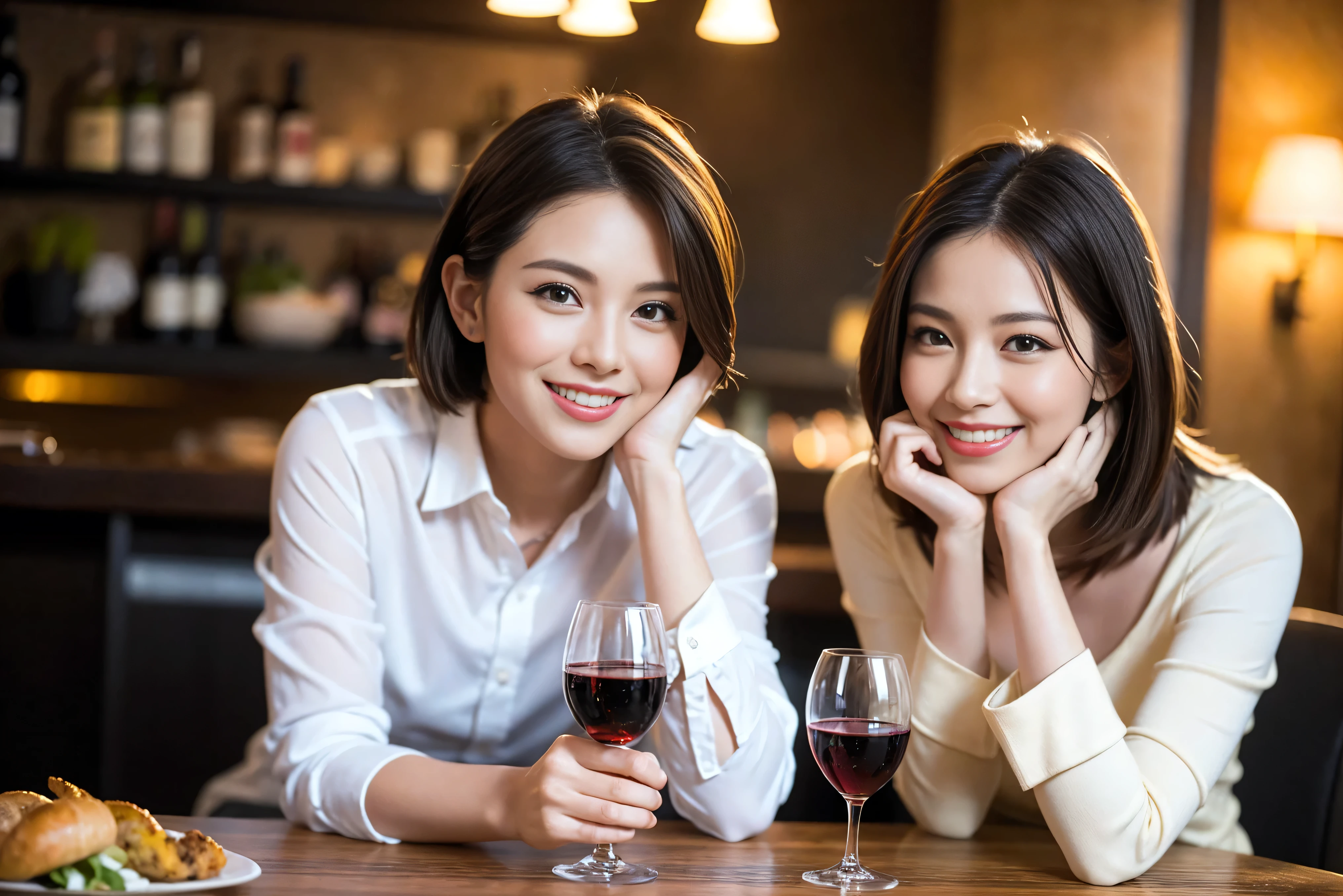 ((highest quality、8k、masterpiece:1.3))、1 male 1 female、Lovers、beautiful couple、Happy Smile、 (Slim face), (The body is スリム), (Brown Hair), (Shortcuts), ((Bob Hale、Straight hair:1.2)), Wine glass on the table、Please put light on my face、 Amazing view of the sunset sky and clouds、Amazing mountain views、The wonderfulness of smiles、Bright image、Blushing, Shortcuts,Bright Face、 (Age 35), 39 years old, red wine 、Appetizers、Italian food、Wine bottle、Champagne、sparkling wine、Long sleeve shirt、dress、Attractive beauty、restaurant, Nova Frog Style, actress, model, Upper Body, White wine, red wine, wine glass, 