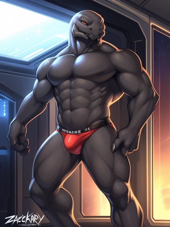 ((Perfect anatomy, detailed eyes, detailed legs, detailed arms, detailed body, detailed face)), Sangheili, 1male, muscular, dark gray skin, 3 fingers, room space, detailed speedo, by Zackary911, Zackary911