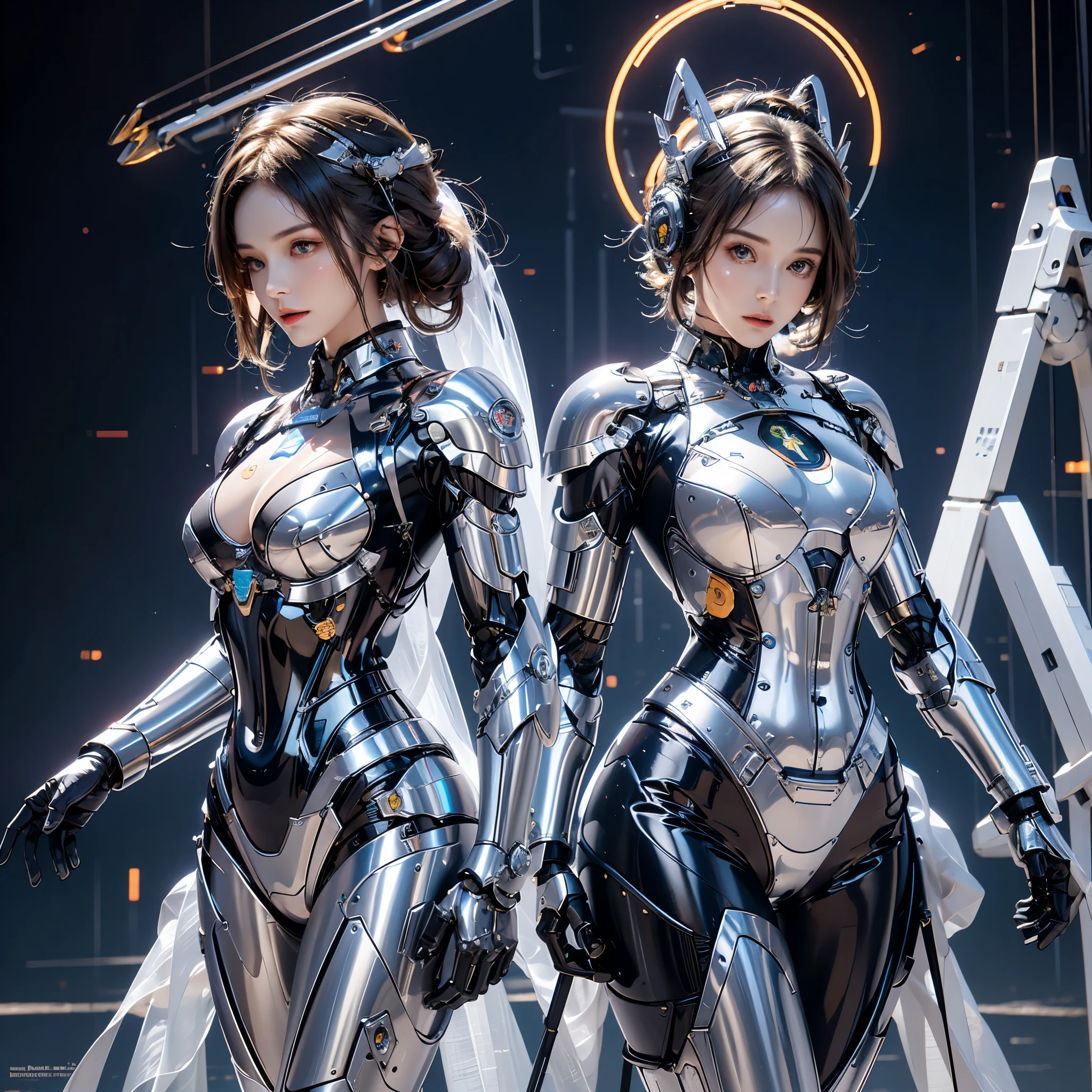 photorealistic, high resolution, 1women, mature female, solo, hips up, robot, mecha musume,mechanical parts, robot joints,single mechanical arm, headgear, mechanical halo,star halo,intricate mechanical bodysuit, mecha corset, full armor, white mecha body
