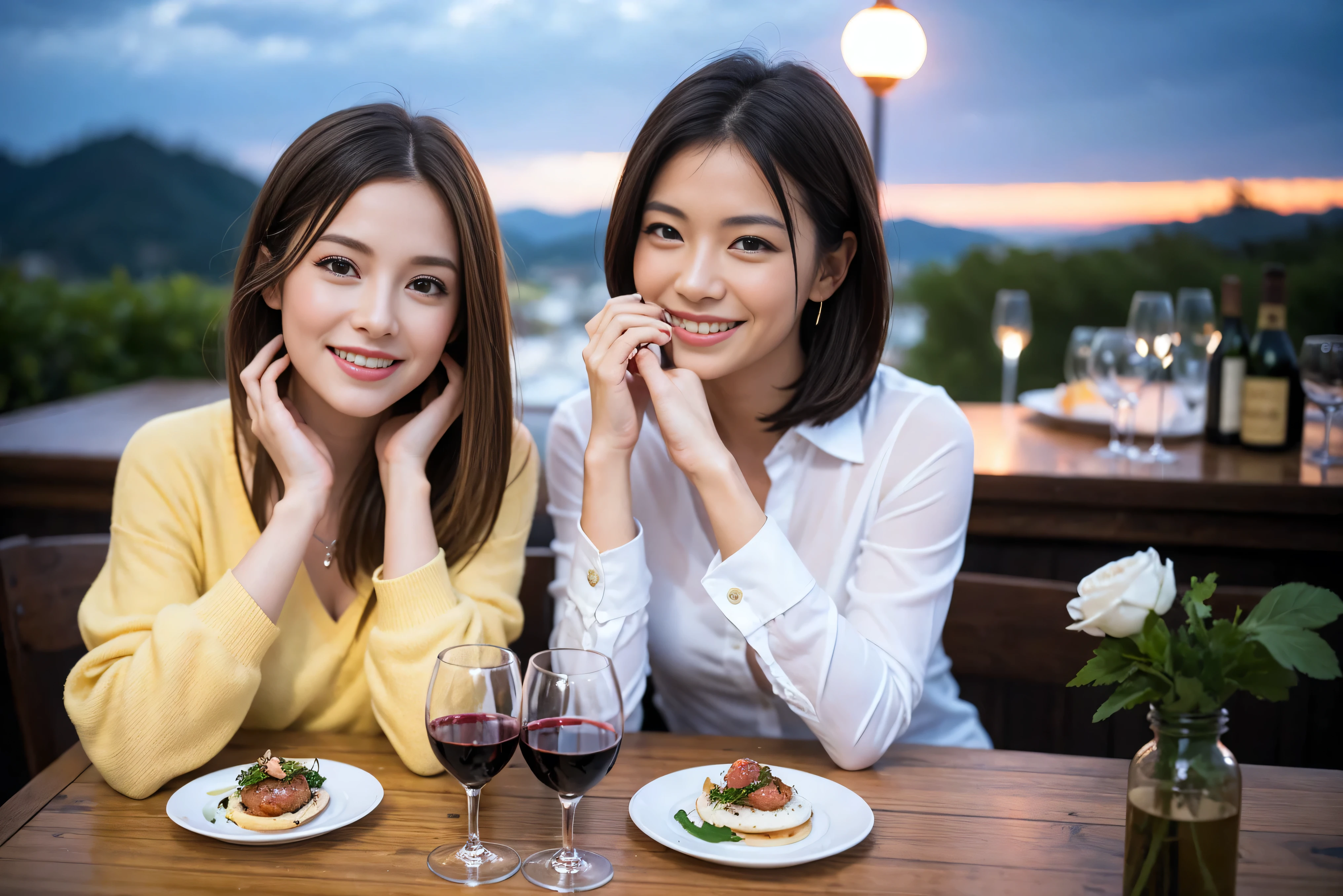 ((highest quality、8k、masterpiece:1.3))、1 male 1 female、Lovers、beautiful couple、Happy Smile、 (Slim face), (The body is スリム), (Brown Hair), (Shortcuts), ((Bob Hale、Straight hair:1.2)), Wine glass on the table、Please put light on my face、 Amazing view of the sunset sky and clouds、Amazing mountain views、The wonderfulness of smiles、Bright image、Blushing, Shortcuts,Bright Face、 (Age 35), 39 years old, red wine 、Appetizers、Italian food、Wine bottle、Champagne、sparkling wine、Long sleeve shirt、dress、Attractive beauty、restaurant, Nova Frog Style, actress, model, Upper Body, White wine, red wine, wine glass,