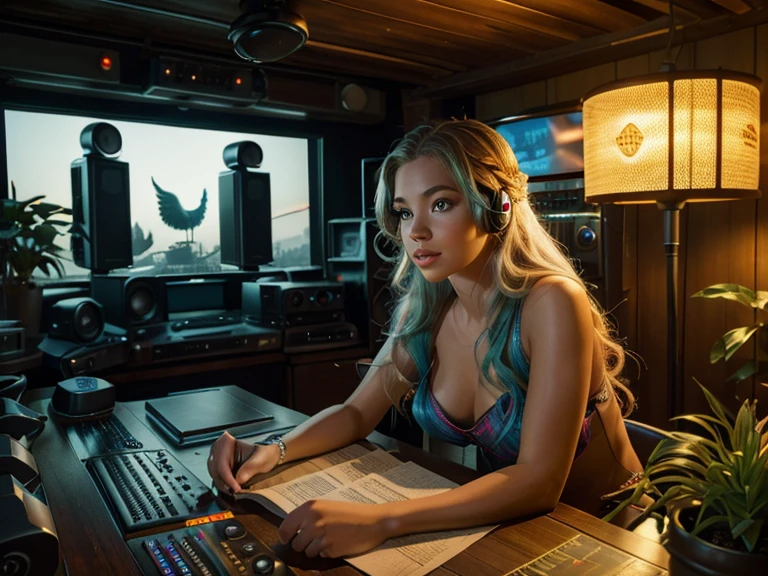 a mermaid disguised as a human,radio host,night time,radio station on top floor of tower in pacific northwestern woods,highly detailed,cinematic,dramatic lighting,fantasy,photorealistic,8k,ultra-detailed,masterpiece,realistic,vivid colors,beautiful face,detailed eyes,detailed lips,long eyelashes,beautiful skin,elegant expression,warm lighting,cozy atmosphere,detailed interior of radio station,sound equipment,glowing monitors,books and papers,potted plants,wooden furniture