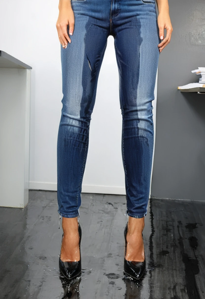 attractive blonde woman wearing skinny jeans, flat heel pumps, white blouse, standing in an office, wetting, big smile, pee stains are gleaming wet, shoes are flooded with pee, ((((jeans are soaked with pee below the knees)))), toe cleavage flooded with pee, ((pee stains are very dark blue)))