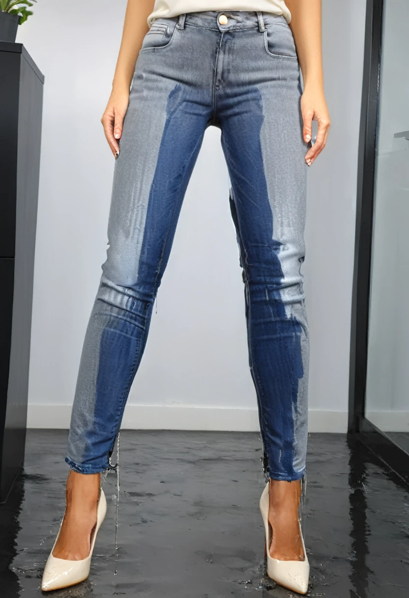 attractive blonde woman wearing skinny jeans, flat heel pumps, white blouse, standing in an office, wetting, big smile, pee stains are gleaming wet, shoes are flooded with pee, ((((jeans are soaked with pee below the knees)))), toe cleavage flooded with pee, ((pee stains are very dark blue)))