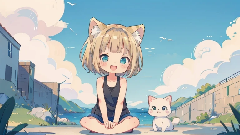 Chibi、Please straighten your bangs、smile、((masterpiece)), ((highest quality)), (anime:1.3), (RAW Photos:1.2),(High resolution:1.3), (Professional photography:1.4), (()), 8k, Shiny skin, Cinema Lighting, One girl, Wide Shot, (Knitted fabric tank top), (Cute innocent teenage girlder body, Small breasts, shiny medium hair, (Loose bangs), ((:3)), Open your mouth, Bare your fangs, look up, (いたずらなsmile), Beautiful clavicle, (slightly exposed shoulders), (Dog Ears), Hair blowing in the wind, break, ((highest quality)), (Sitting in Dubrovnik, Croatia), Summer day,Double Exposure、Blonde Hair、short hair、Turquoise Eyes、White hoodie、Black hot pants、Black sneakers,Please straighten your bangs、She has cat ears of the same color as her hair.