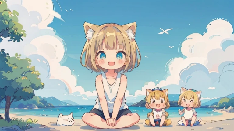Chibi、Please straighten your bangs、smile、((masterpiece)), ((highest quality)), (anime:1.3), (RAW Photos:1.2),(High resolution:1.3), (Professional photography:1.4), ((12 years old)), 8k, Shiny skin, Cinema Lighting, One girl, Wide Shot, (Knitted fabric tank top), (Cute innocent teenage girl), Slender body, Small breasts, shiny medium hair, (Loose bangs), ((:3)), Open your mouth, Bare your fangs, look up, (いたずらなsmile), Beautiful clavicle, (slightly exposed shoulders), (Dog Ears), Hair blowing in the wind, break, ((highest quality)), (Sitting in Dubrovnik, Croatia), Summer day,Double Exposure、Blonde Hair、short hair、Turquoise Eyes、White hoodie、Black hot pants、Black sneakers,Please straighten your bangs、She has cat ears of the same color as her hair.