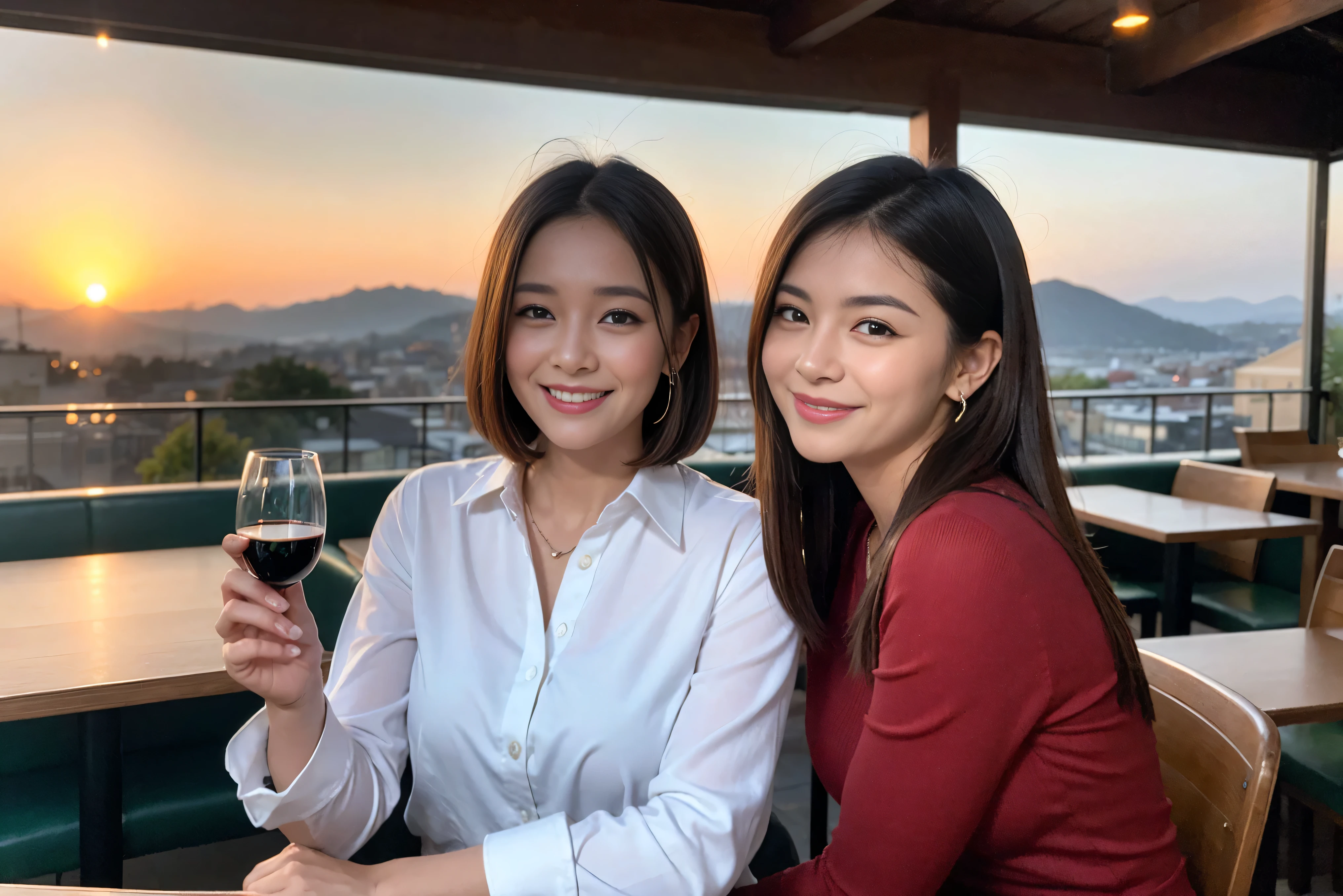 ((highest quality、8k、masterpiece:1.3))、1 male 1 female、Lovers、beautiful couple、Happy Smile、 (Slim face), (The body is スリム), (Brown Hair), (Shortcuts), ((Bob Hale、Straight hair:1.2)), Wine glass on the table、Please put light on my face、 Amazing view of the sunset sky and clouds、Amazing mountain views、The wonderfulness of smiles、Bright image、Blushing, Shortcuts,Bright Face、 (Age 35), 39 years old, red wine 、Appetizers、Italian food、Wine bottle、Champagne、sparkling wine、Long sleeve shirt、dress、Attractive beauty、restaurant, Nova Frog Style, actress, model, Upper Body, White wine, red wine, wine glass,