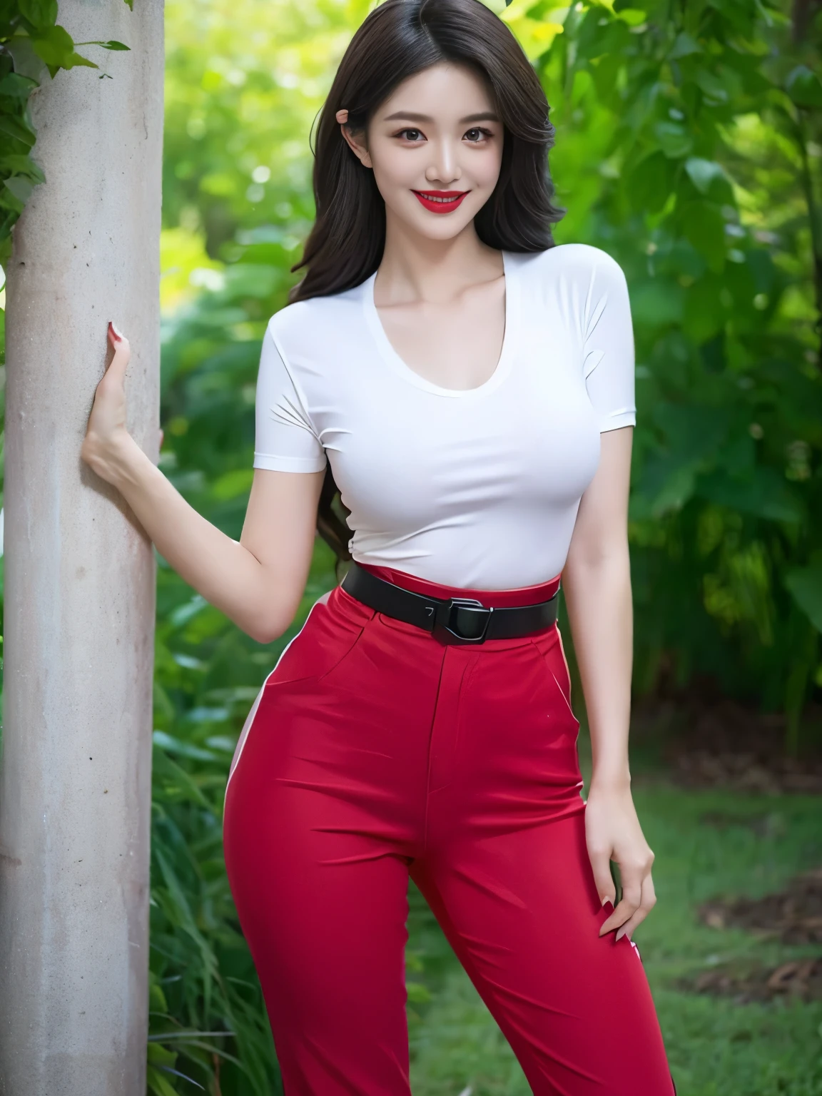 Describe facial features accurately and in detail，Red lipstick, From the chest up, Ultra Detailed，lifelike, Super delicate skin, perfect anatomy (Solitary)，casual pants，Short sleeve，Black belt，Long wavy hair，37-year-old female，Mature，Charming smile，Scenic spots，Standing，Leg length，Big breasts，stand up，full-body shot