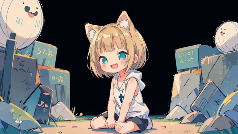 Chibi、Please straighten your bangs、smile、((masterpiece)), ((highest quality)), (anime:1.3), (RAW Photos:1.2),(High resolution:1.3), (Professional photography:1.4), ((12 years old)), 8k, Shiny skin, Cinema Lighting, One girl, Wide Shot, (Knitted fabric tank top), (Cute innocent teenage girl), Slender body, Small breasts, shiny medium hair, (Loose bangs), ((:3)), Open your mouth, Bare your fangs, look up, (いたずらなsmile), Beautiful clavicle, (slightly exposed shoulders), (Dog Ears), Hair blowing in the wind, break, ((highest quality)), (Sitting in Dubrovnik, Croatia), Summer day,Double Exposure、Blonde Hair、short hair、Turquoise Eyes、White hoodie、Black hot pants、Black sneakers,Please straighten your bangs、She has cat ears of the same color as her hair.